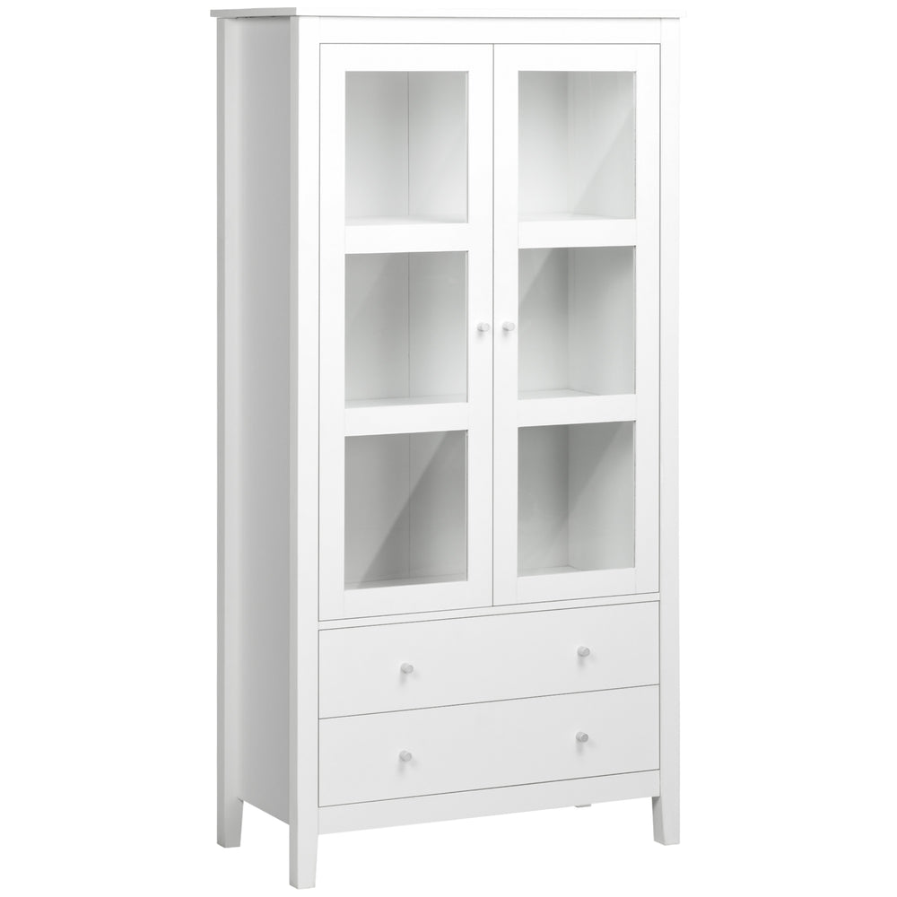 Storage unit with 3-tier shelves, 2 drawers and glass doors, white