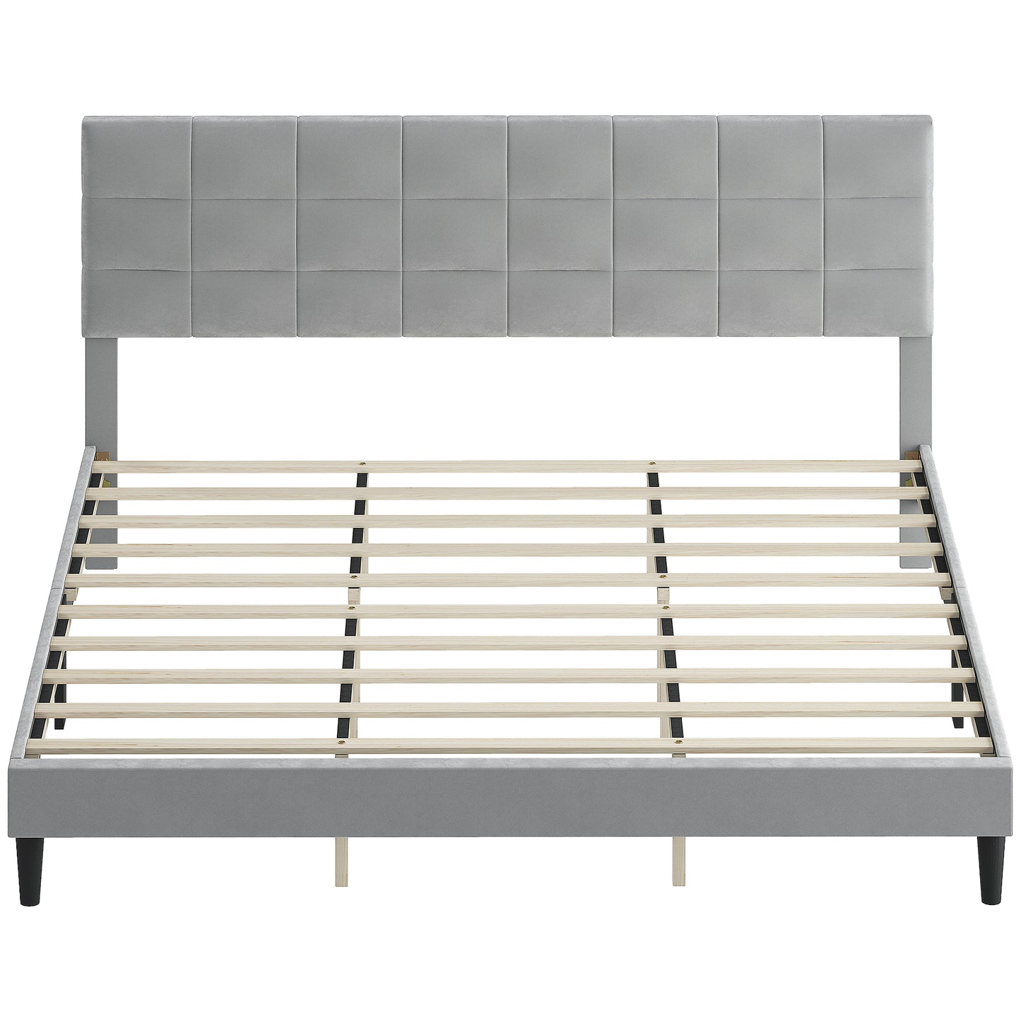 King size bed frame with upholstered headboard, wooden slats, 500 kg load capacity, grey
