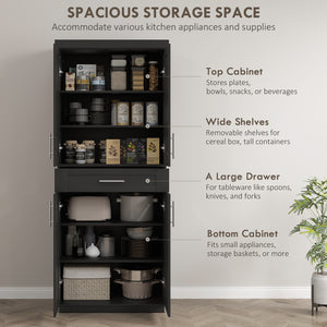 Garde-manger de 72 pouces avec 4 portes, tiroir et 3 étagères réglables, noir