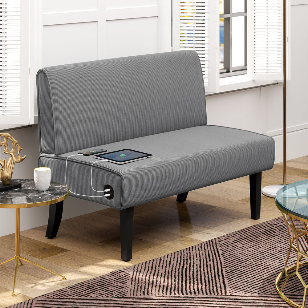 Canapé 2 places avec ports USB en velours côtelé avec pieds en bois, gris