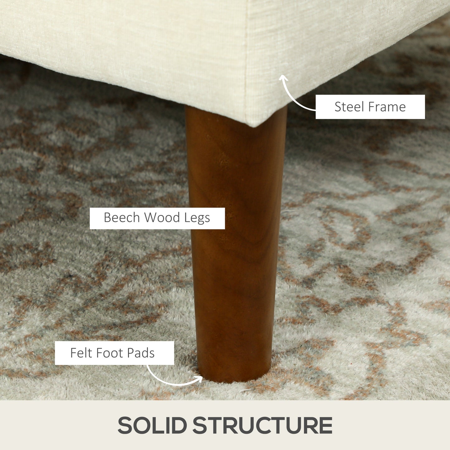 Canapé d'angle moderne avec méridienne amovible, pieds en bois, couleur crème