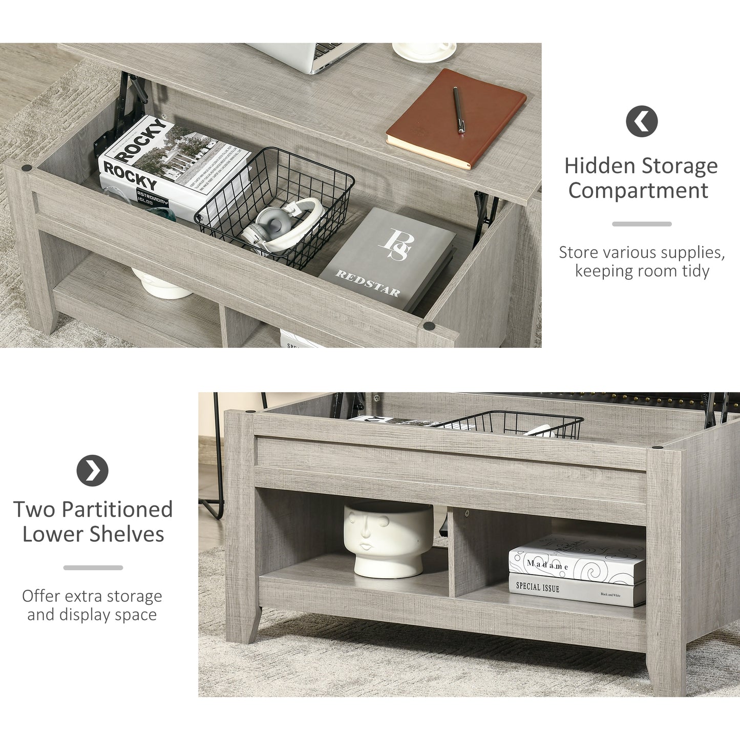 Table basse relevable avec compartiment de rangement dissimulé et étagères ouvertes pour salon, gris clair