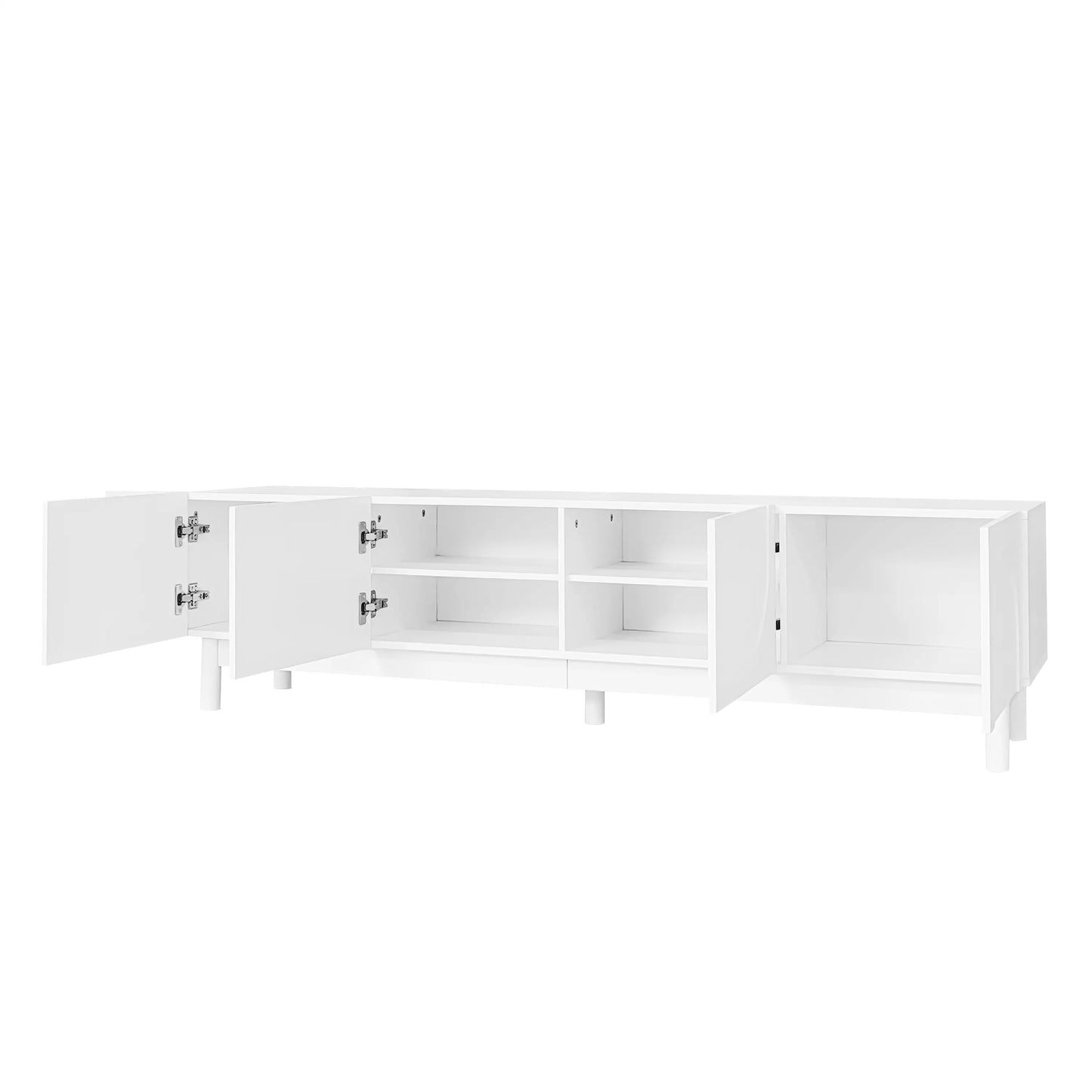 Meuble TV moderne avec portes ondulées, grand espace de rangement et pieds robustes, blanc