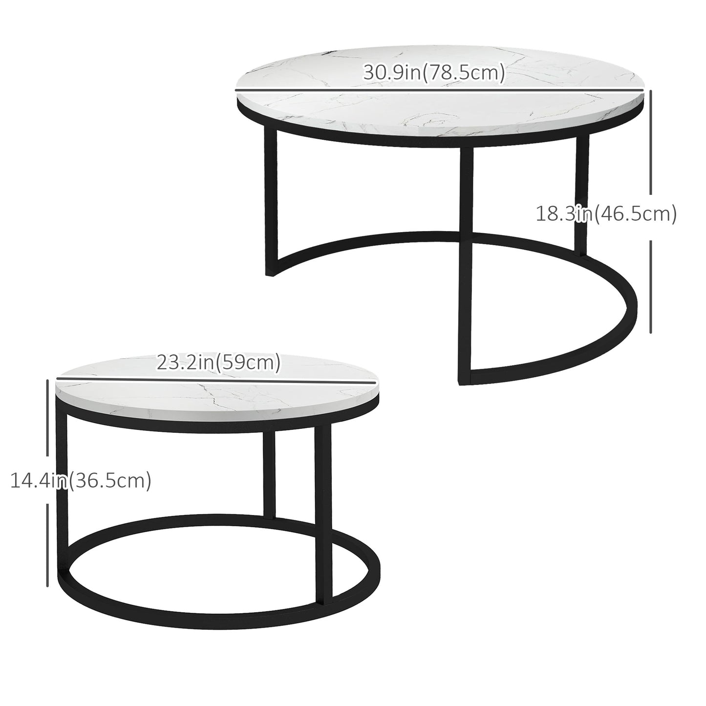 Lot de 2 tables basses modernes avec base en métal, imitation marbre blanc