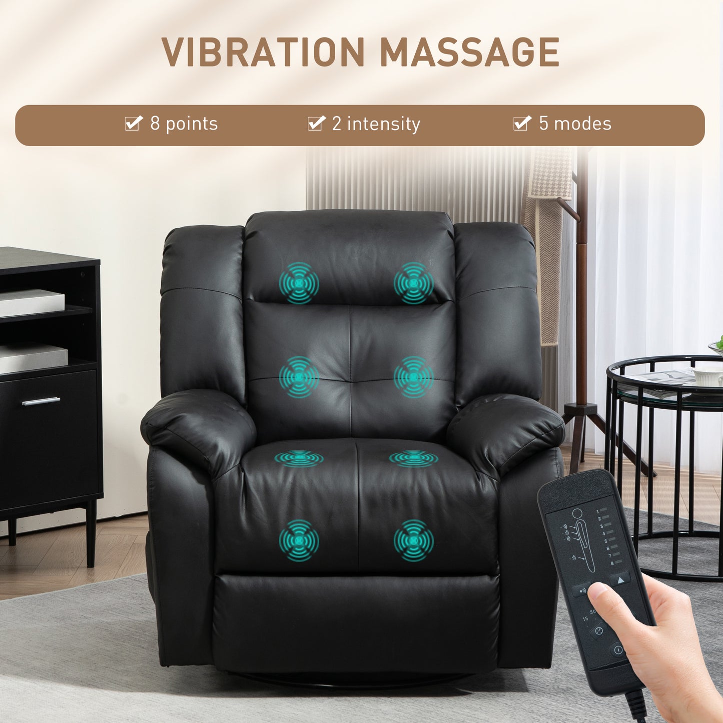 Fauteuil inclinable massant à vibrations 8 points en cuir, pivotant, poches latérales, noir