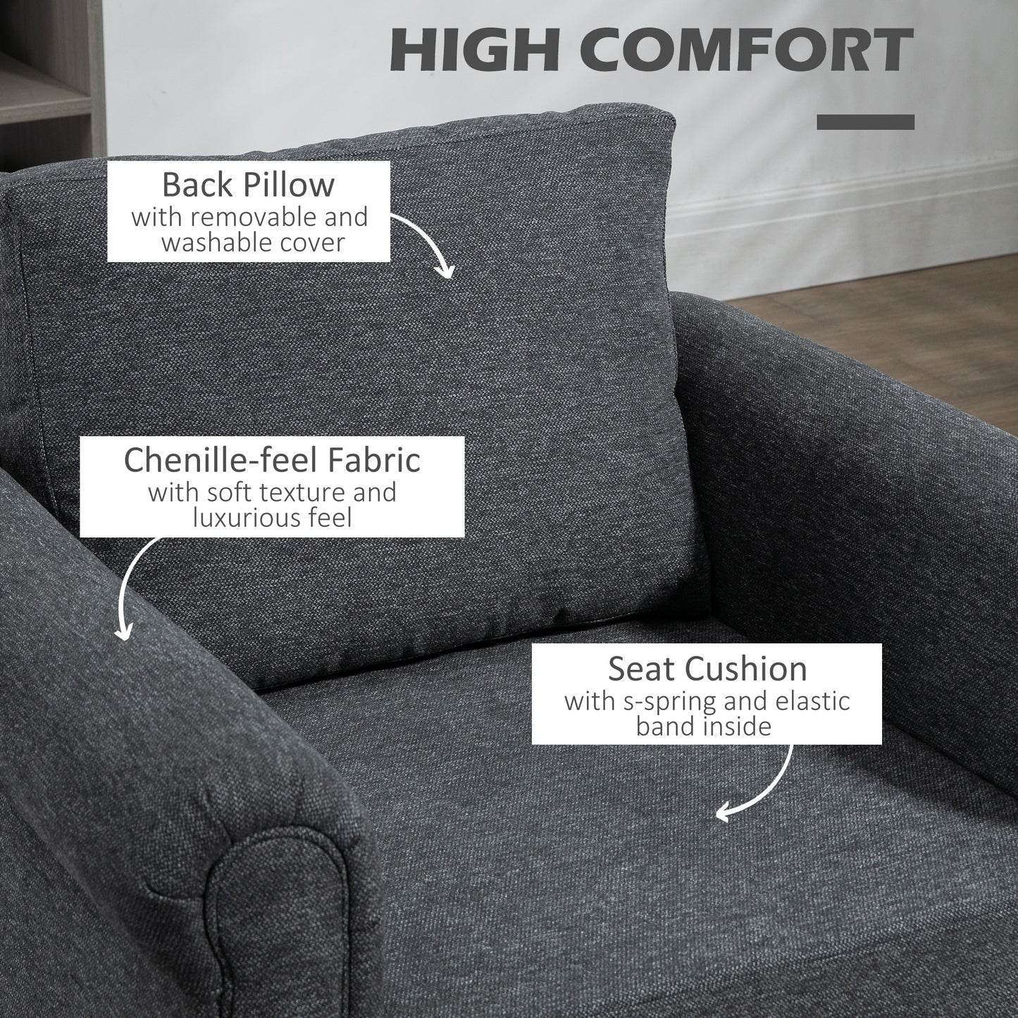 Vintage upholstered armchair with rolled armrests, rubberwood legs, dark gray