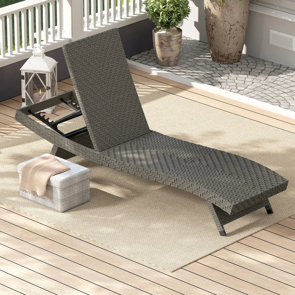 Chaise longue pliante d'extérieur en rotin avec dossier réglable sur 5 niveaux et roulettes, gris mélangé
