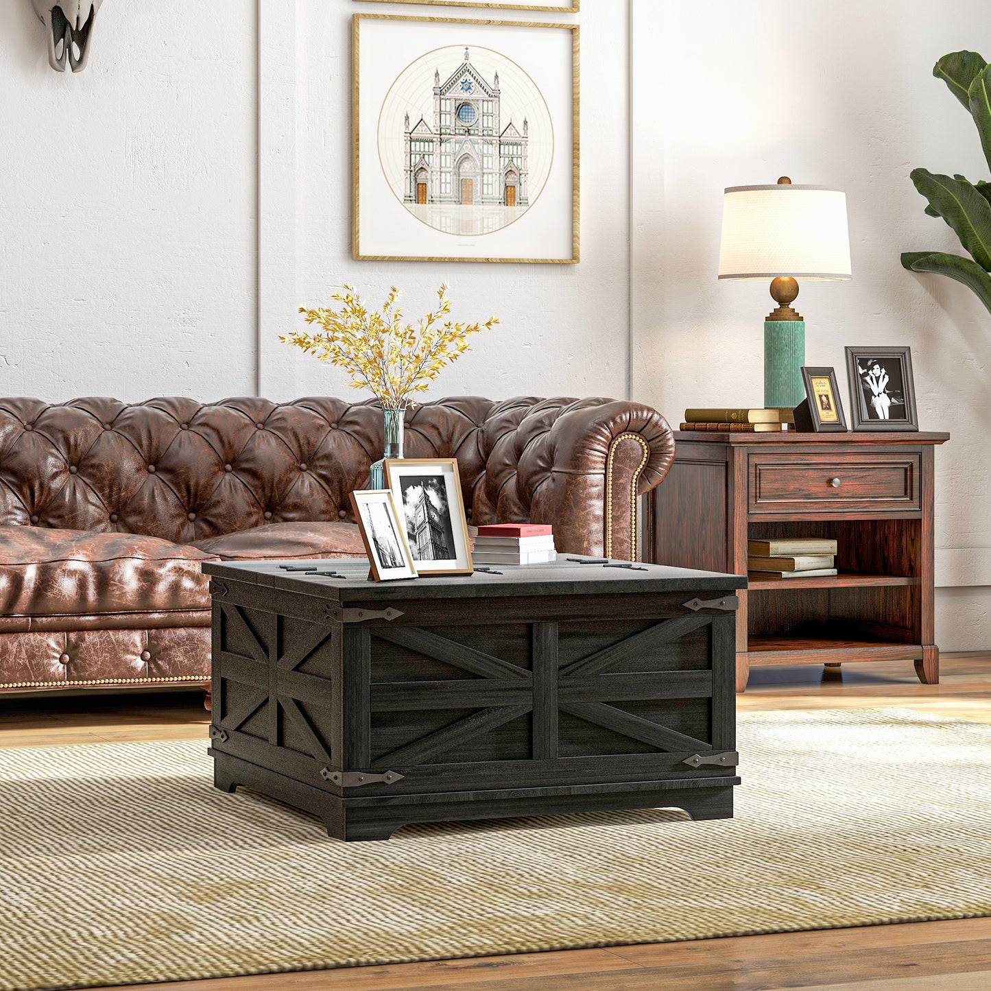Table basse Farmhousemavec couvercles rabattables, compartiment de rangement dissimulé, noire