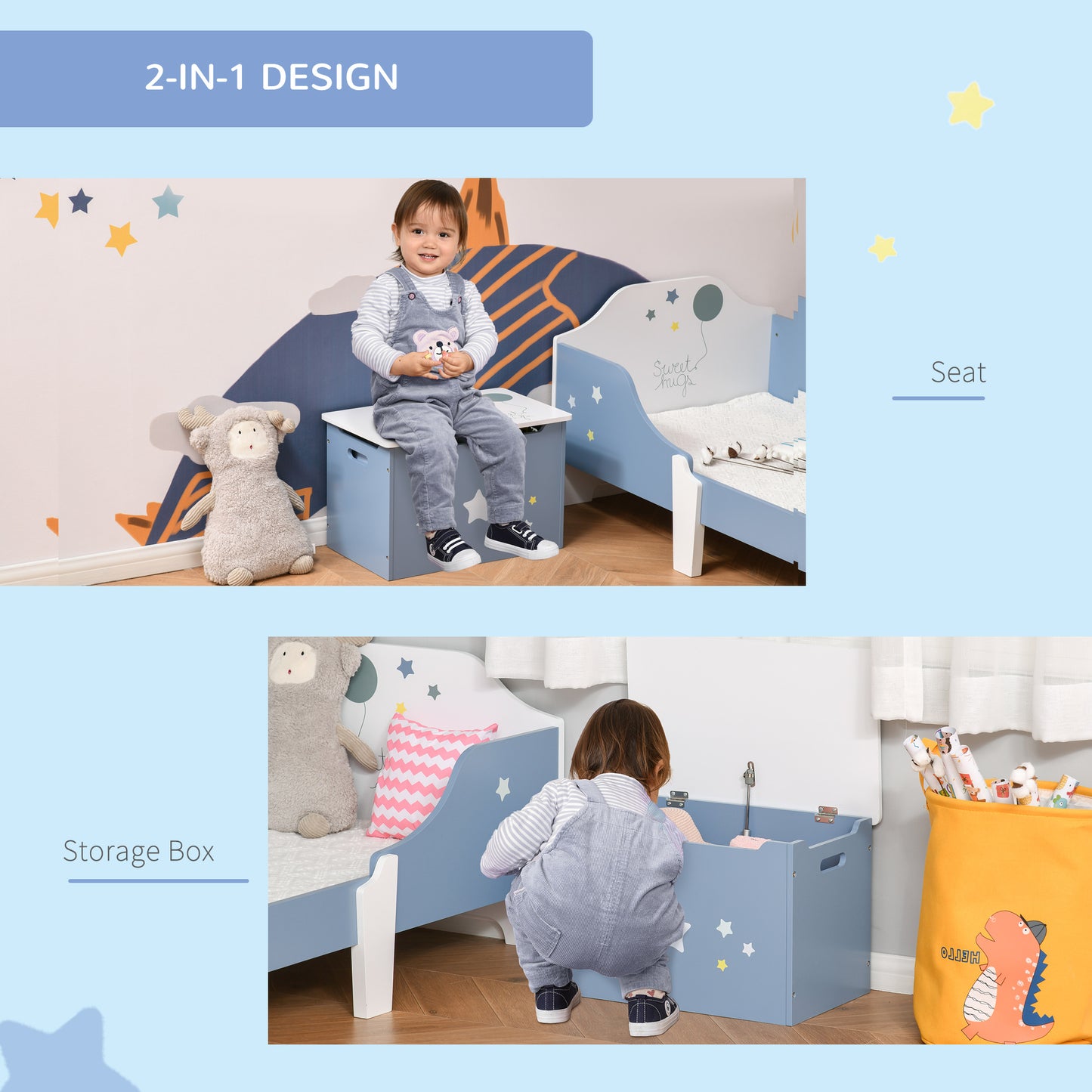 Coffre de rangement en bois pour jouets avec vérin à gaz, 55 x 34 x 35 cm, bleu