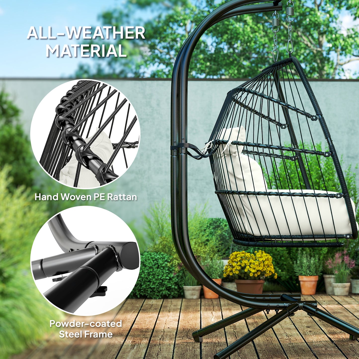 double wicker swing with hanging stand, UV-resistant cushion, cream white
