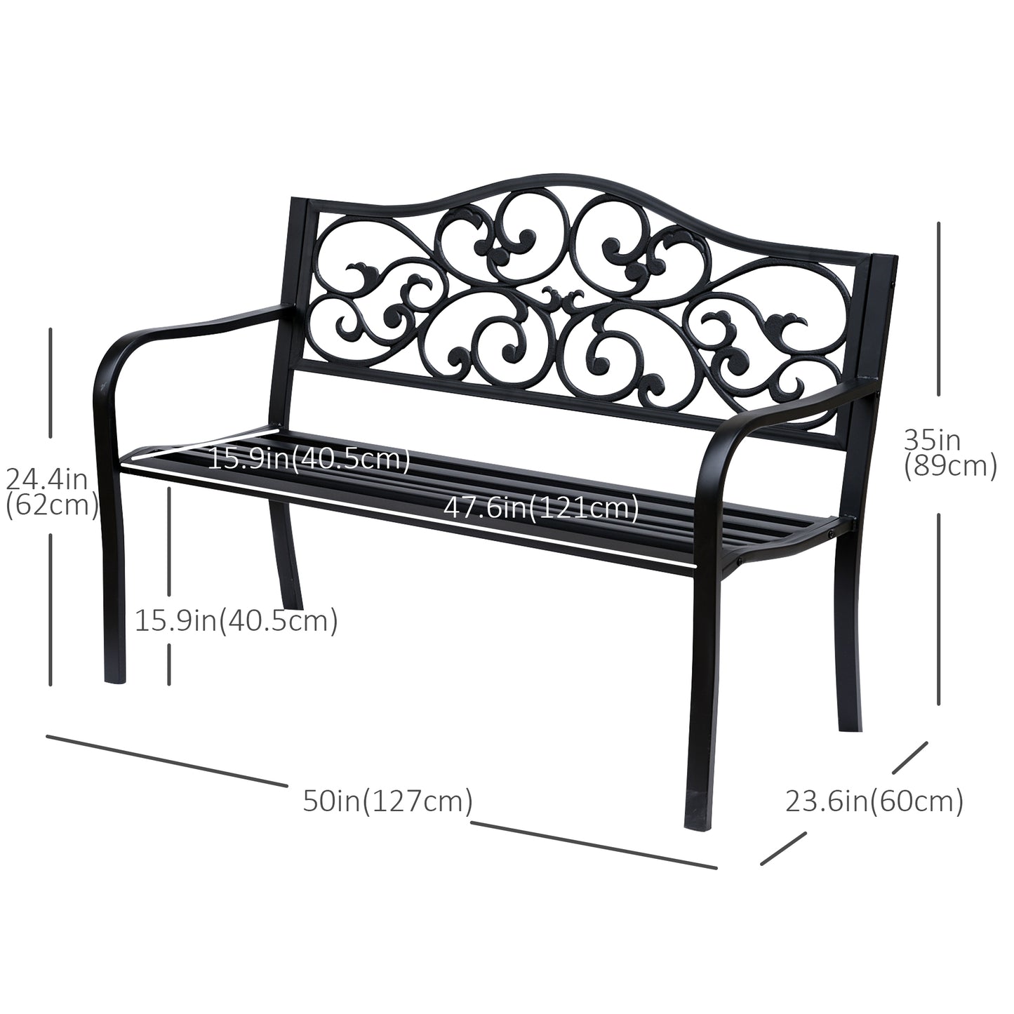 Banc de jardin d'extérieur avec motif floral vintage, en métal moulé, noir