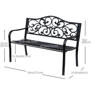 Banc de jardin d'extérieur avec motif floral vintage, en métal moulé, noir