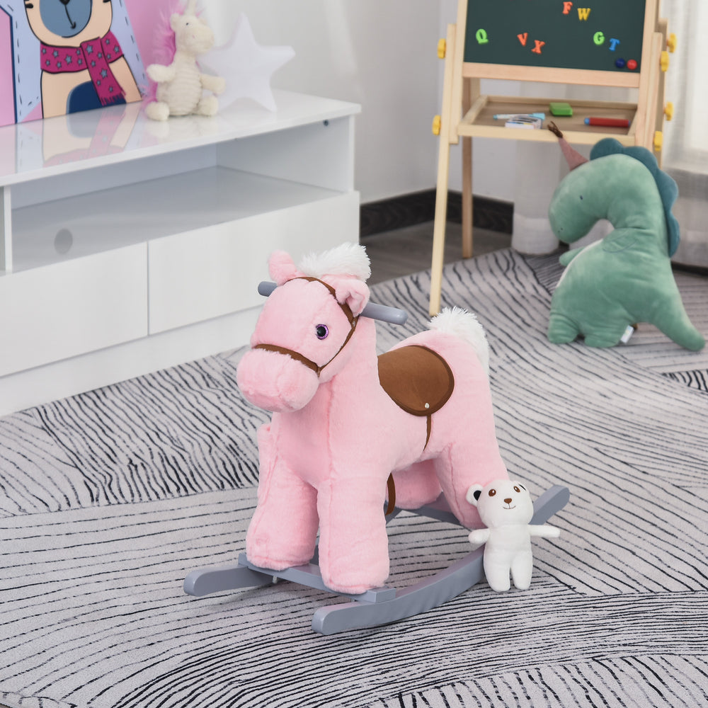 Cheval à bascule en peluche avec ours en peluche, rose