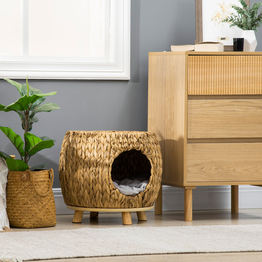 Wicker Cat Bed with Washable Cushion, Raised Rattan Cat Bed for Indoor Cats, Light Brown