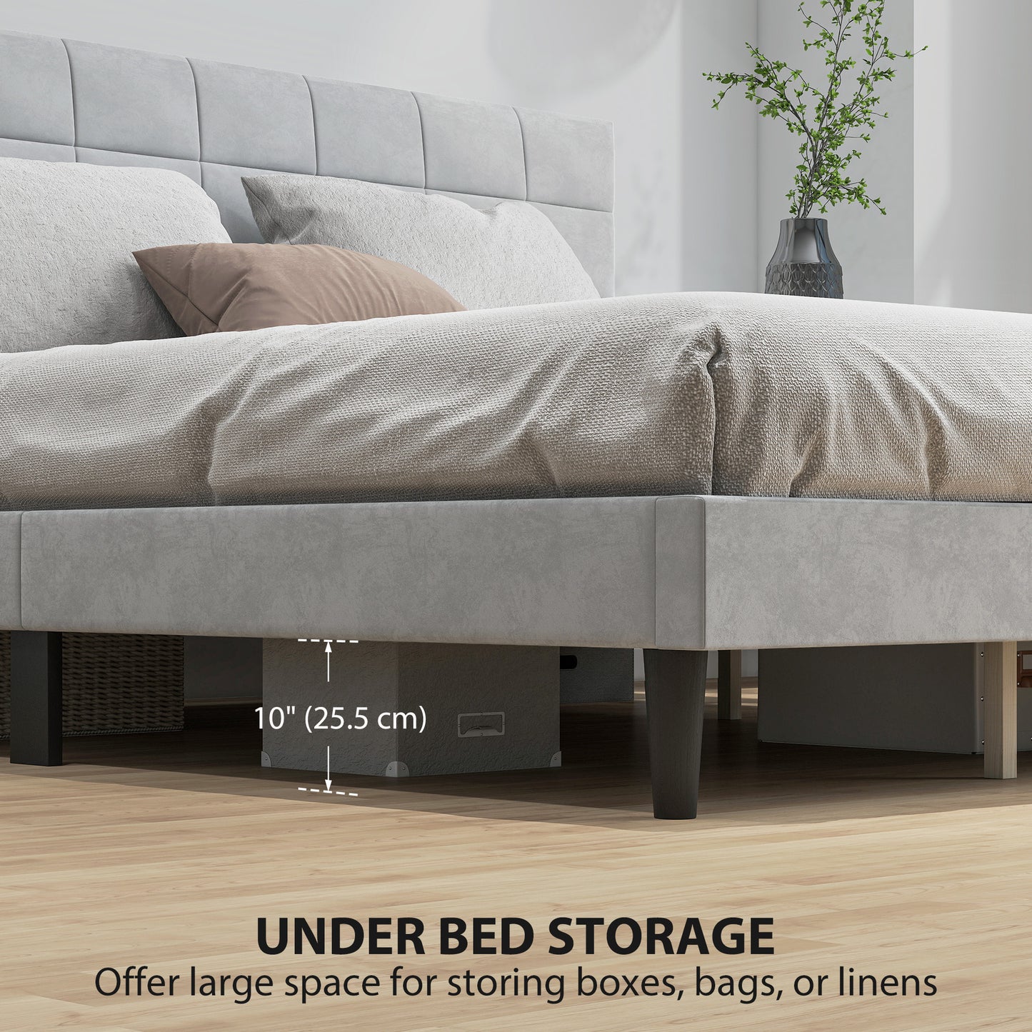 King size bed frame with upholstered headboard, wooden slats, 500 kg load capacity, grey