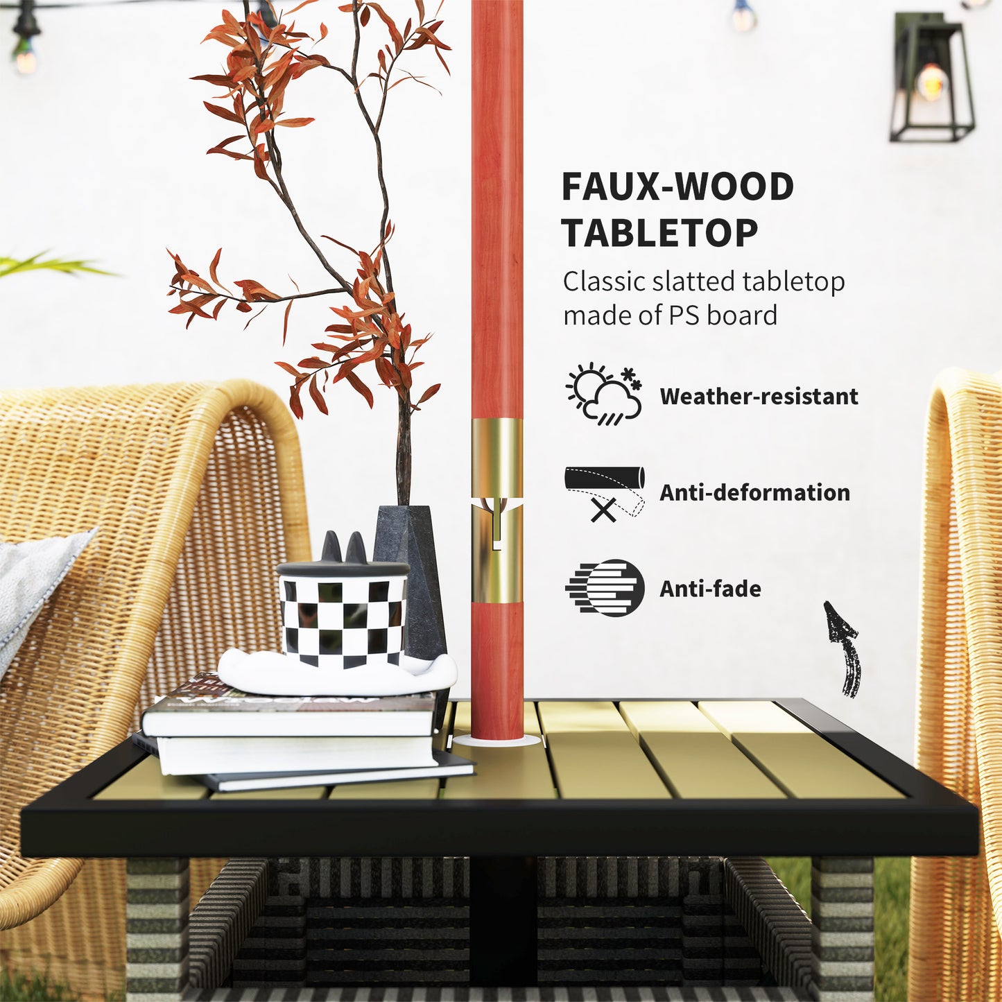 Outsunny 55cm Square Rattan Table with Umbrella Hole, Outdoor Patio Side Table, Can Be Used as an Umbrella Stand, Grey Mix