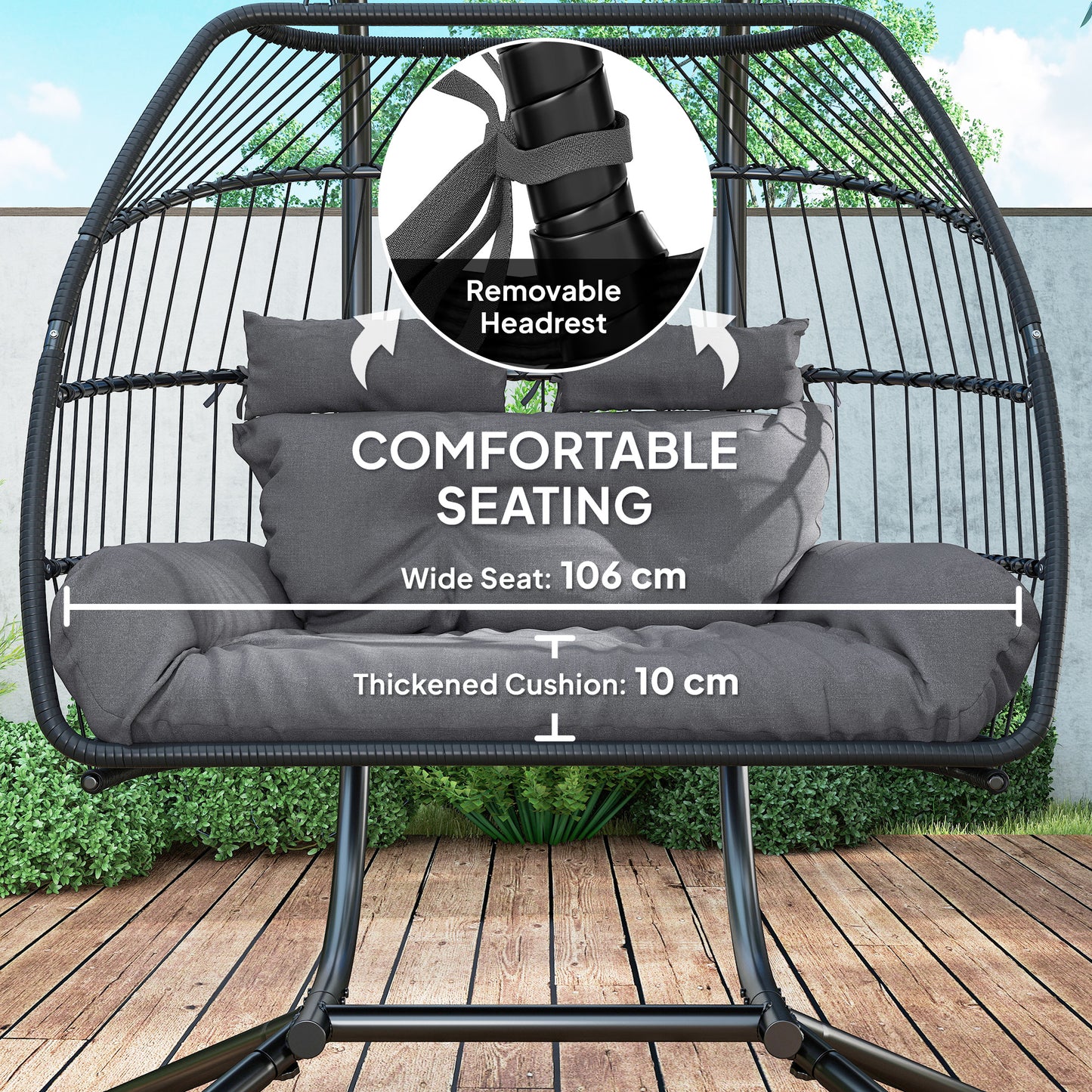 Outsunny Balancelle double en osier avec support, pliable et suspendue, coussin résistant aux UV, appui-tête, gris foncé