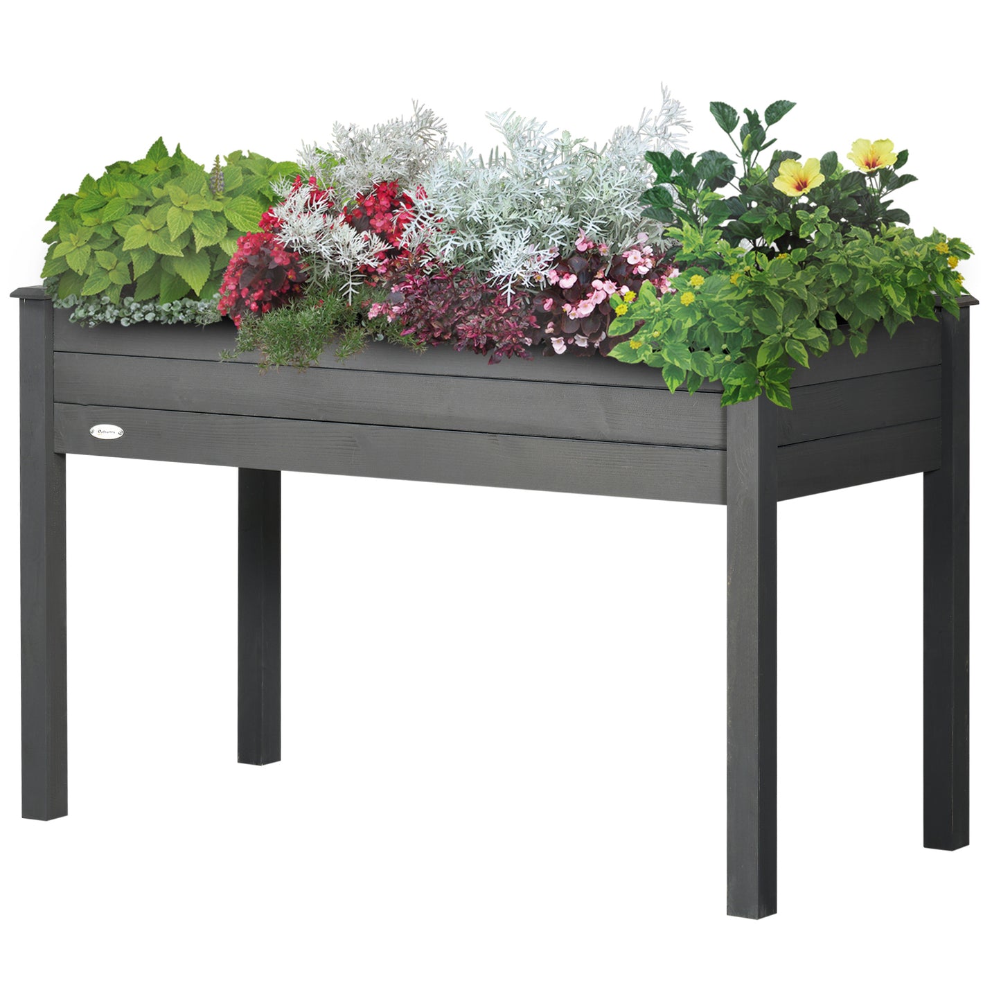Outsunny Wooden Raised Bed 86 x 45 x 76 cm, Raised Planter with Legs, Drainage Holes, Inner Bag for Garden, Dark Grey