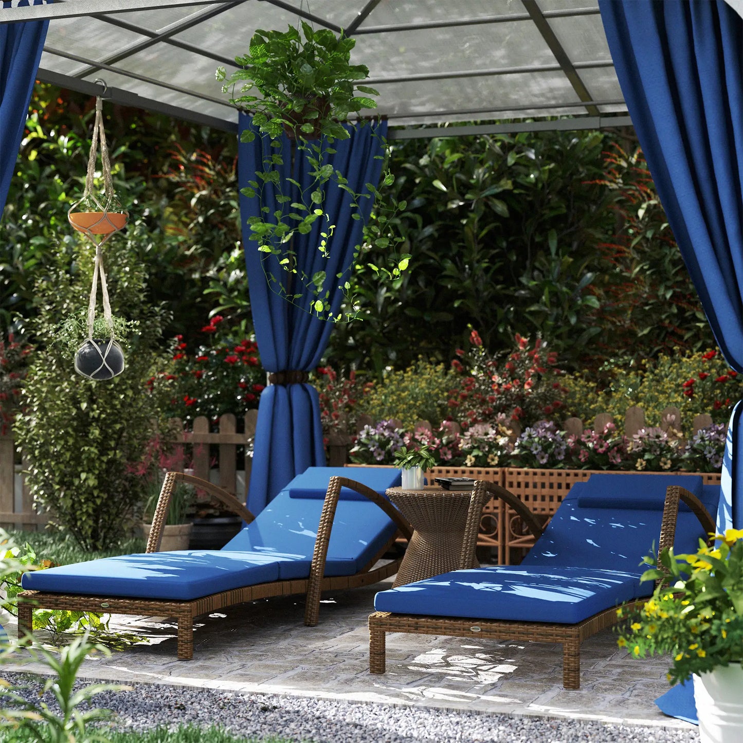Lot de 2 chaises longues d'extérieur en osier avec dossier réglable sur 5 niveaux, roulettes, coussin et accoudoirs, bleu