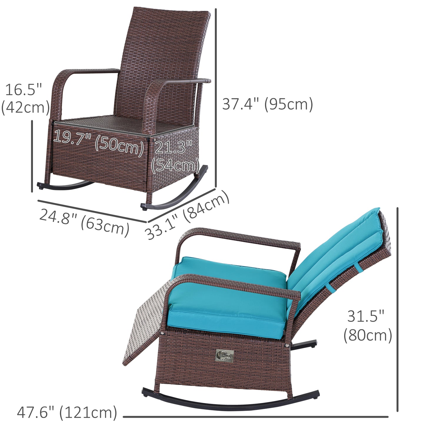 Fauteuil à bascule en rotin synthétique avec coussin, repose-pieds réglable et accoudoirs, turquoise