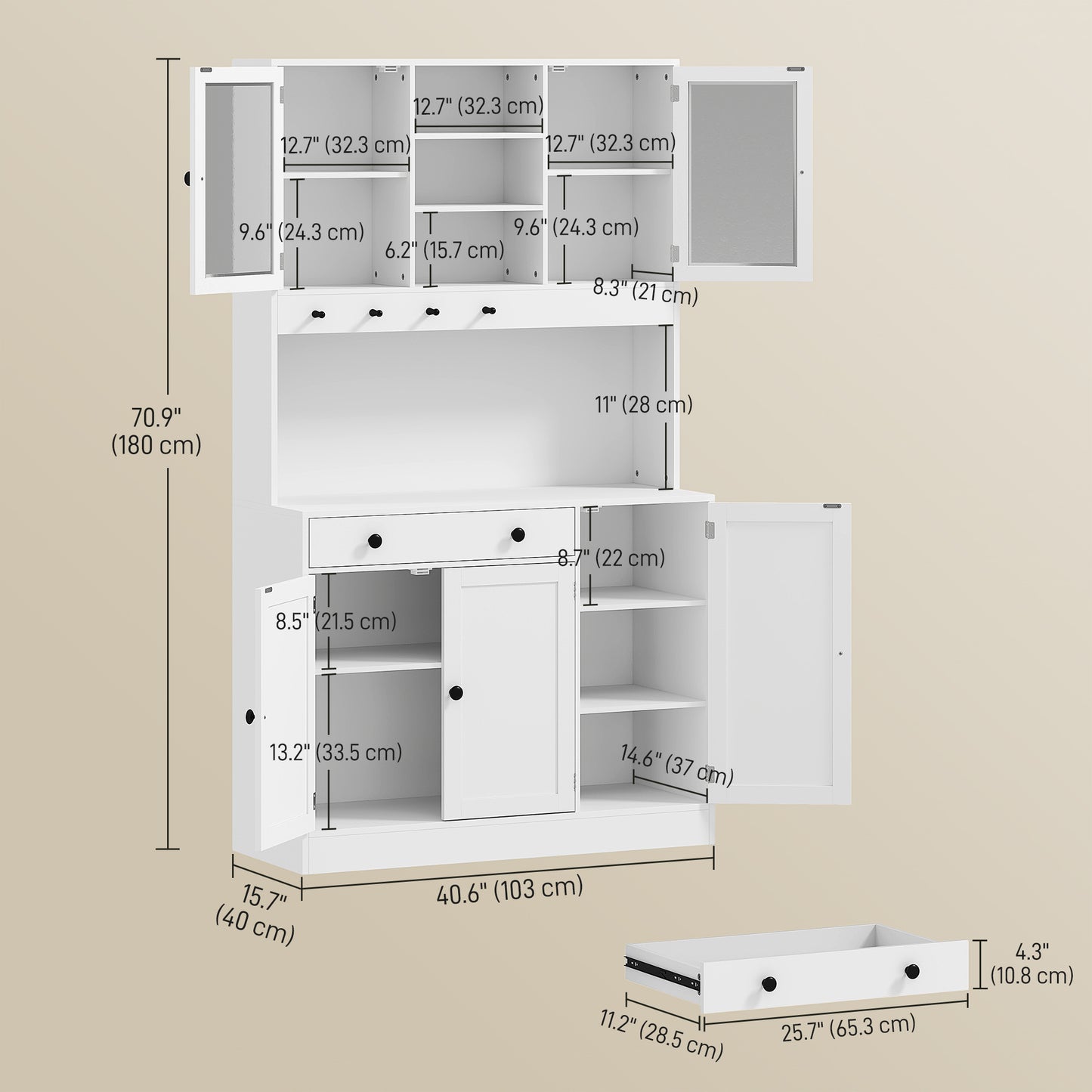 Tall kitchen cabinet with LED lighting, shelves, drawer, doors, white