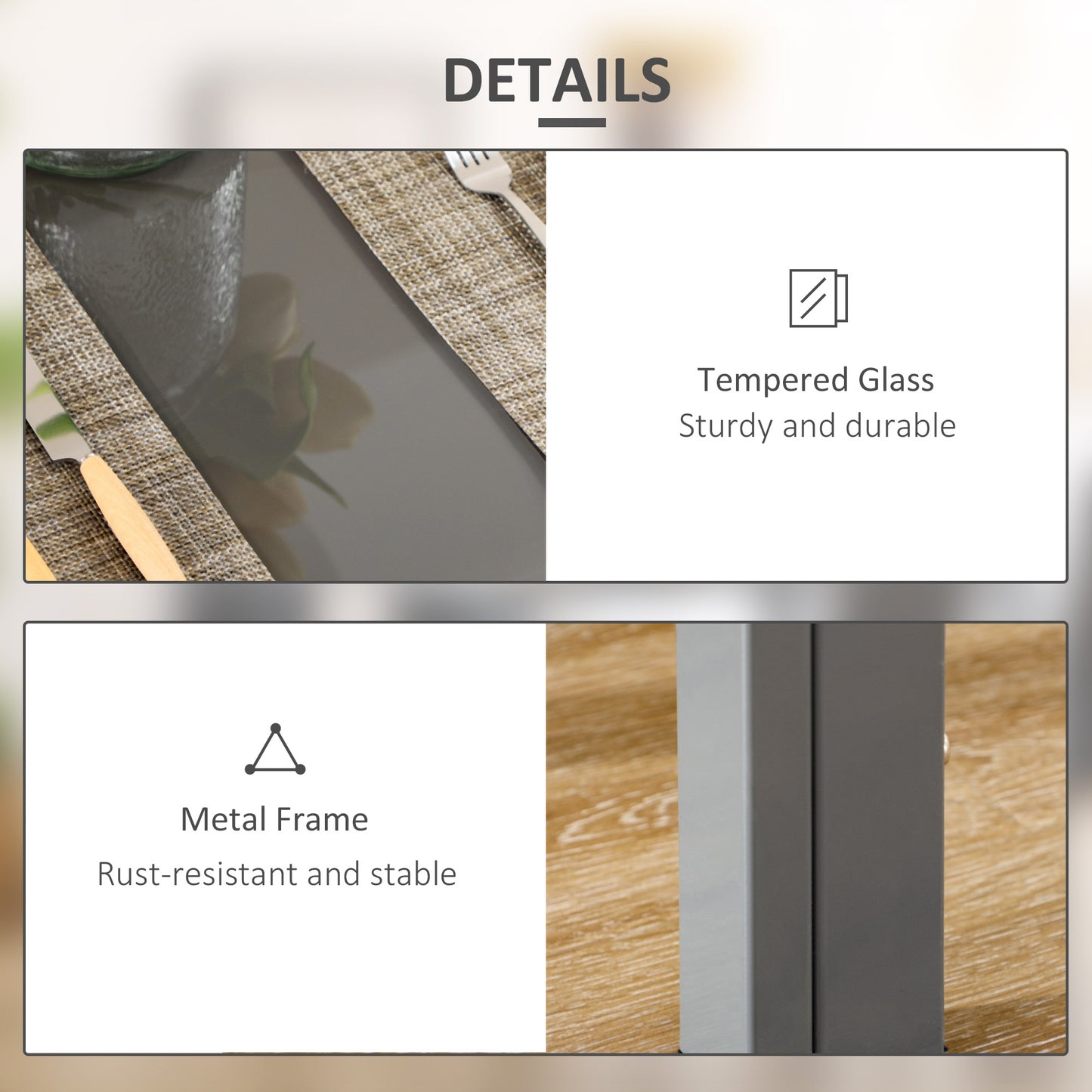 Ensemble tables et chaises de cuisine rectangulaires en verre avec structure en métal et revêtement en similicuir pour salle à manger, gris