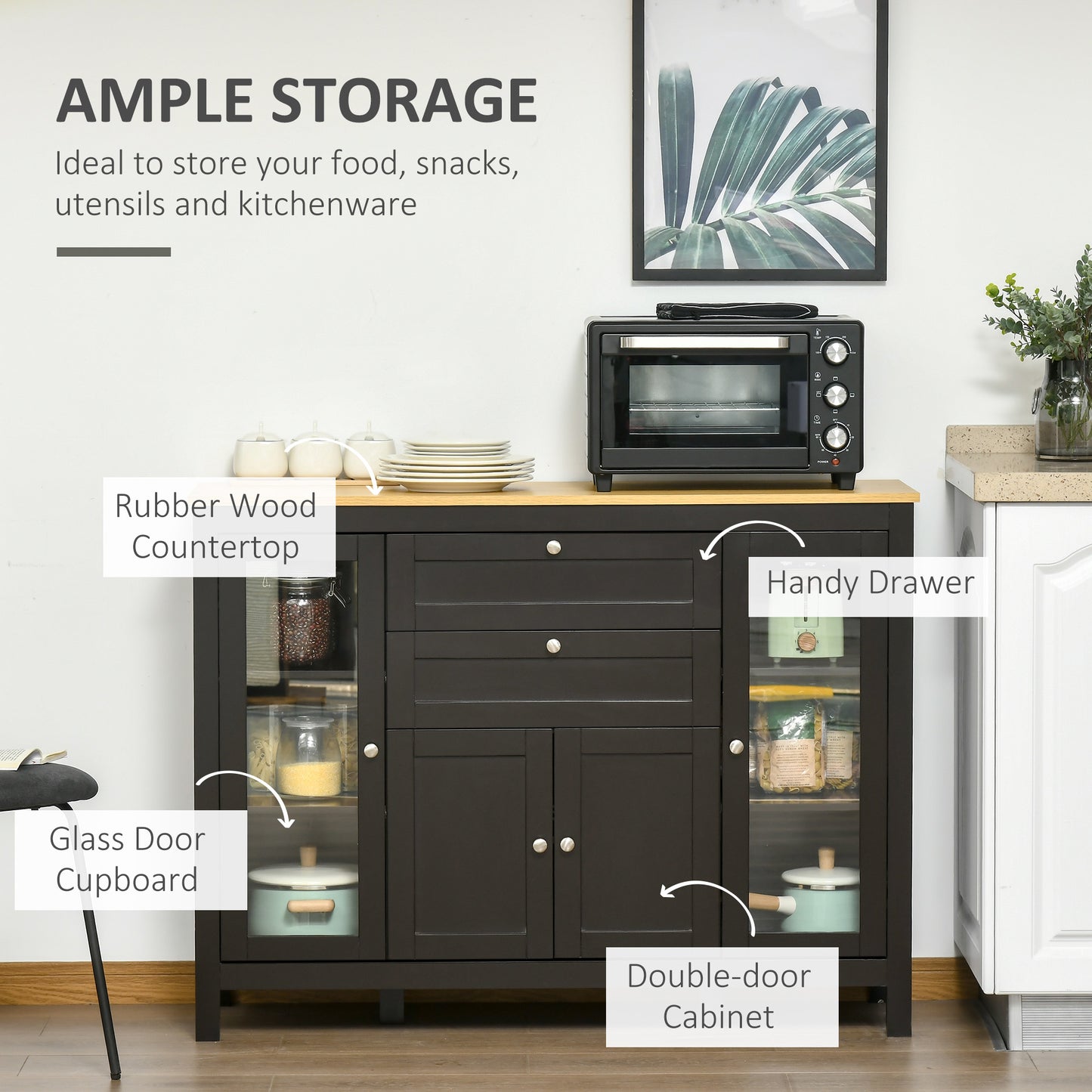 HOMCOM sideboard with 2 drawers, 3 storage spaces, glass doors and adjustable shelves, dark brown
