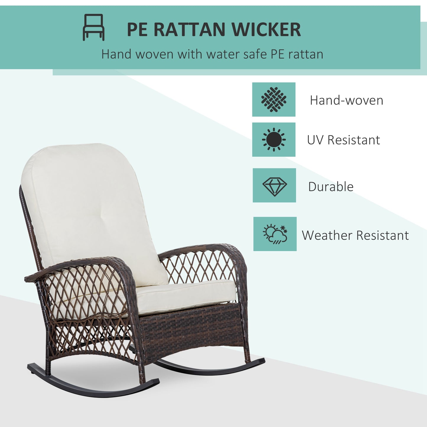 Fauteuil à bascule en rotin et osier avec coussins épais, blanc crème