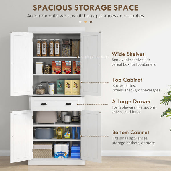 Armoire de cuisine haute avec tiroir et étagères réglables, blanche