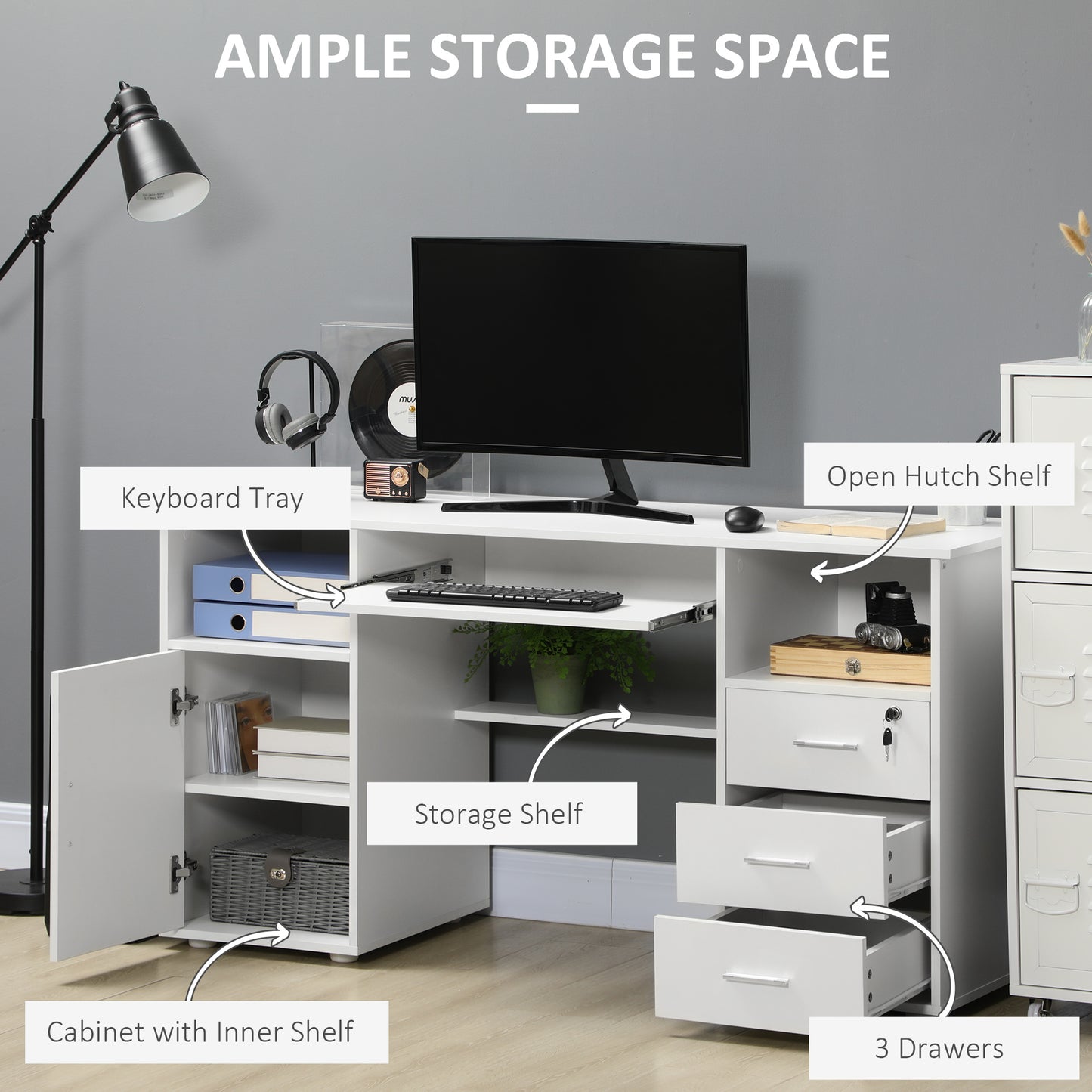 Bureau d'ordinateur avec plateau pour clavier et tiroirs, blanc