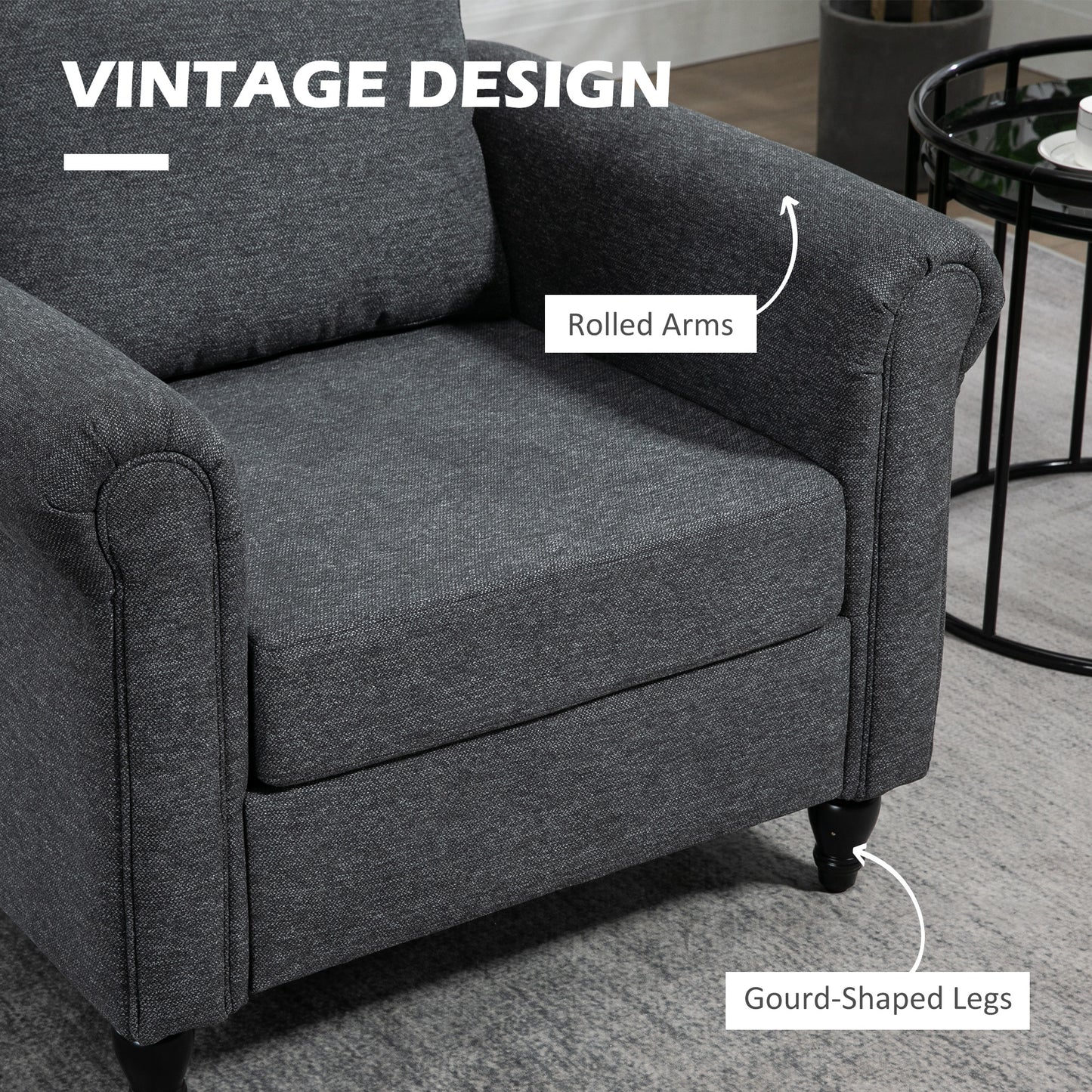 Vintage upholstered armchair with rolled armrests, rubberwood legs, dark gray