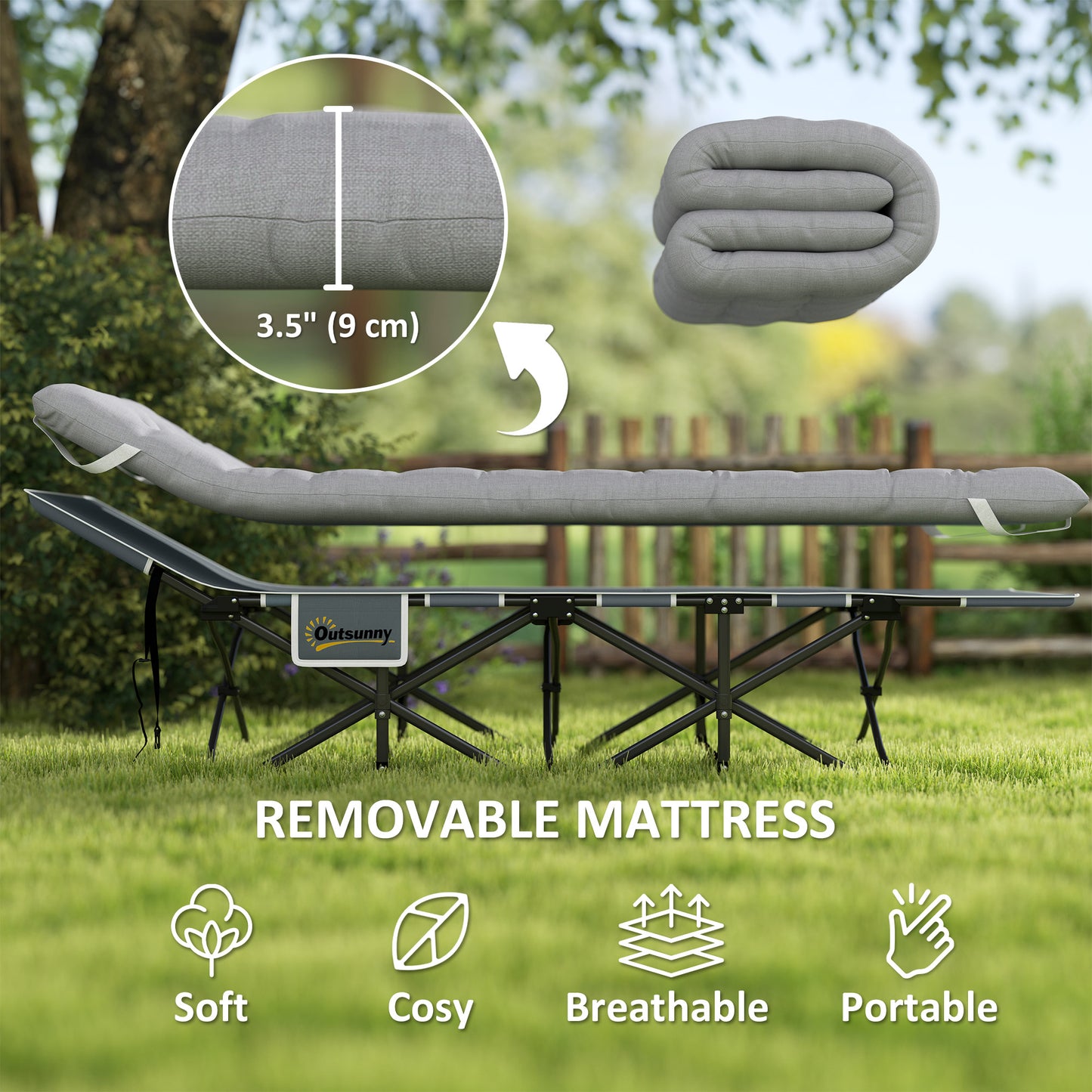 Lit de camp pour adultes avec matelas, sac de transport, poche de rangement, gris clair