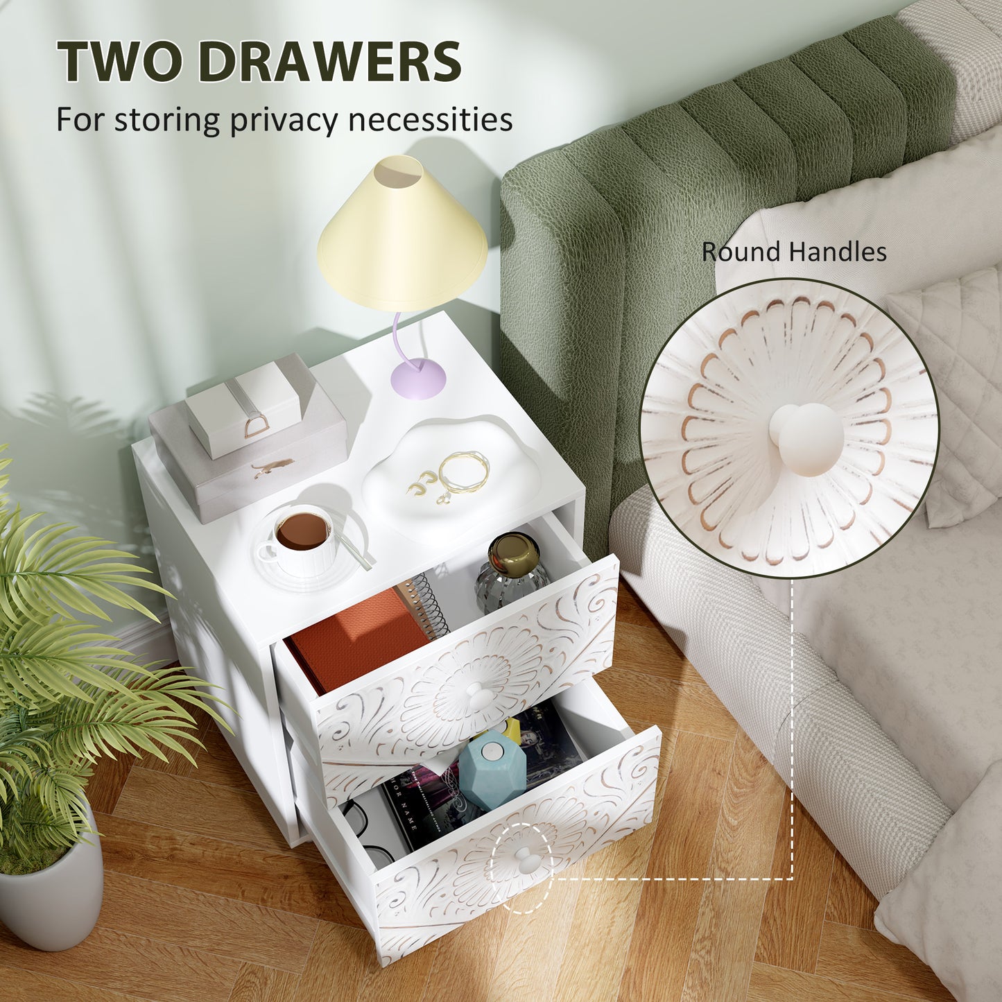 Table de chevet style milieu de siècle avec 2 tiroirs pour chambre à coucher, blanche