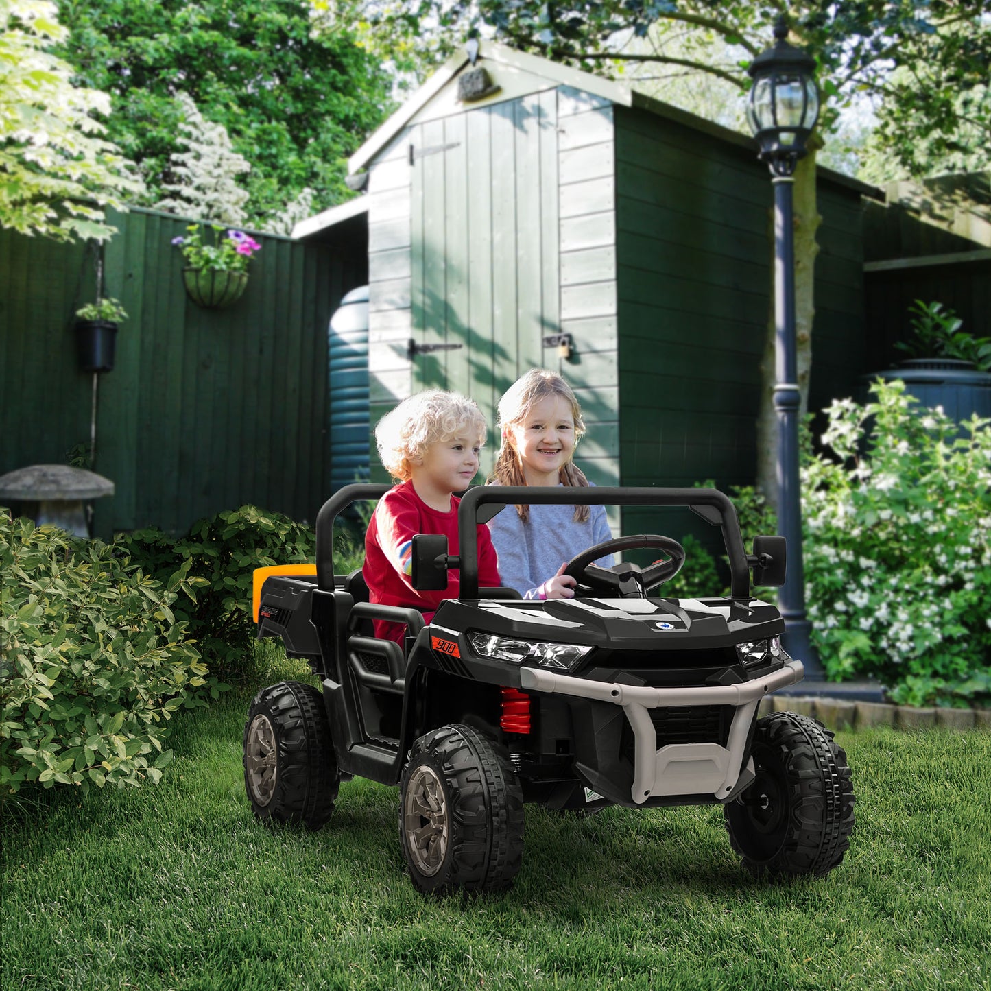 Voiture électrique 12 V deux places pour enfants, avec seau électrique, pelle, télécommande parentale, suspension à ressort, klaxon et musique, couleur noire