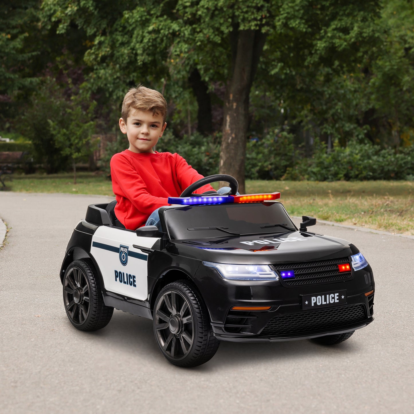 Voiture de police électrique 12 V pour enfants, avec télécommande parentale, suspension à ressorts, sirène, musique, klaxon et éclairage, couleur noire