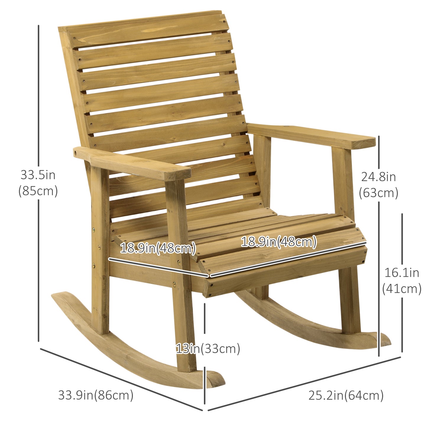 Fauteuil à bascule en bois, structure à lattes avec accoudoirs, pour l'extérieur et l'intérieur, marron clair