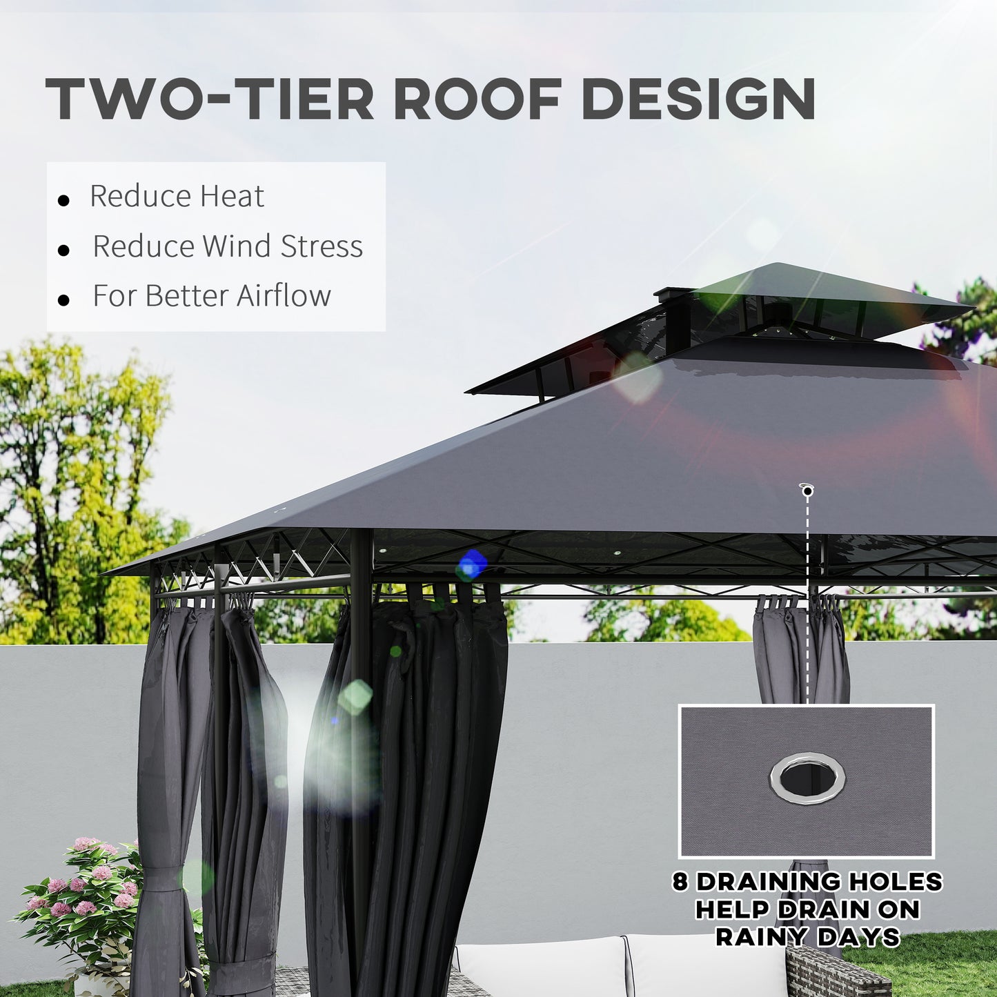 Outsunny 10' x 13' Outdoor Gazebo with Curtains and Solar Powered LED Lights, Double Roof Patio Shelter