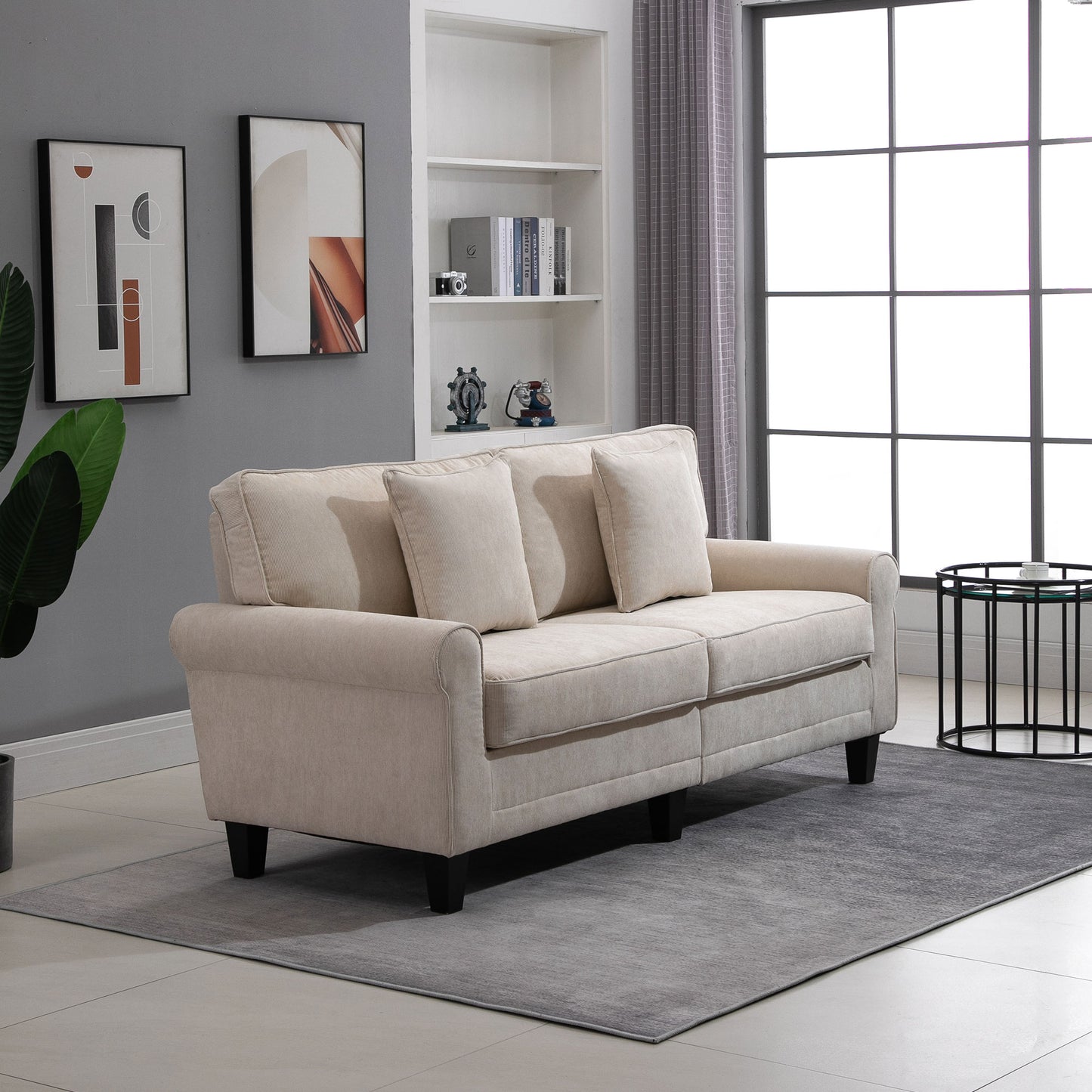HOMCOM Modern 3-seater sofa, corduroy fabric, pine legs and rolled armrests, beige