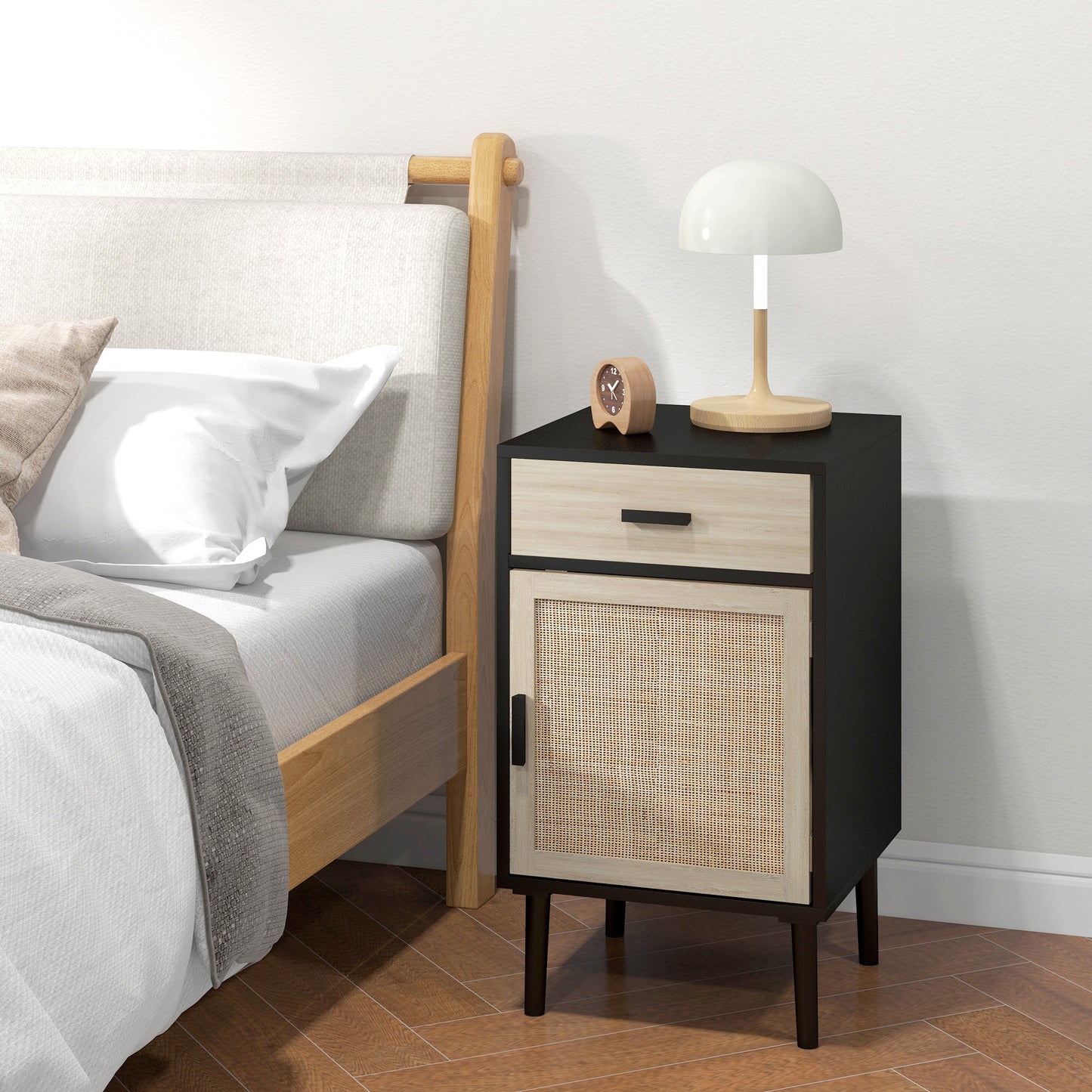 Lot de 2 tables de chevet bohèmes avec tiroir, meuble en rotin, étagère réglable pour chambre et salon, noir
