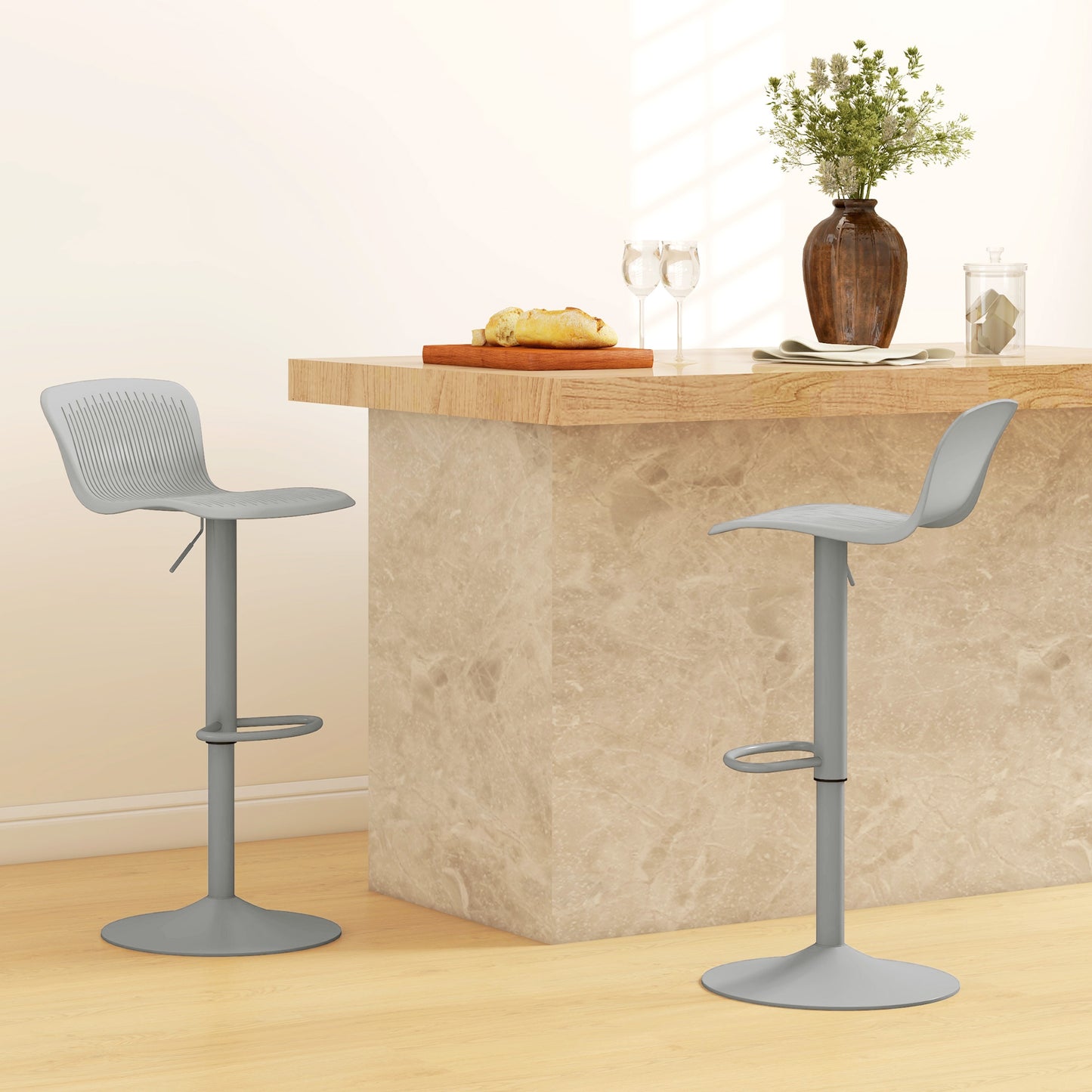 Lot de 2 tabourets de bar pivotants en polypropylène, hauteur réglable, repose-pieds et dossier, gris