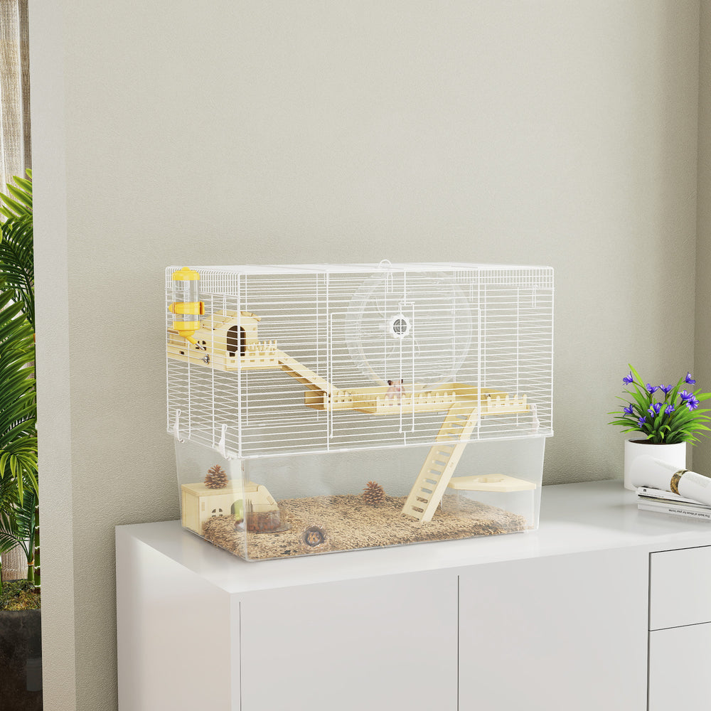 Cage pour hamster profonde, rampe en bois, cabane, roue d'exercice pour hamster et gerbille, blanche