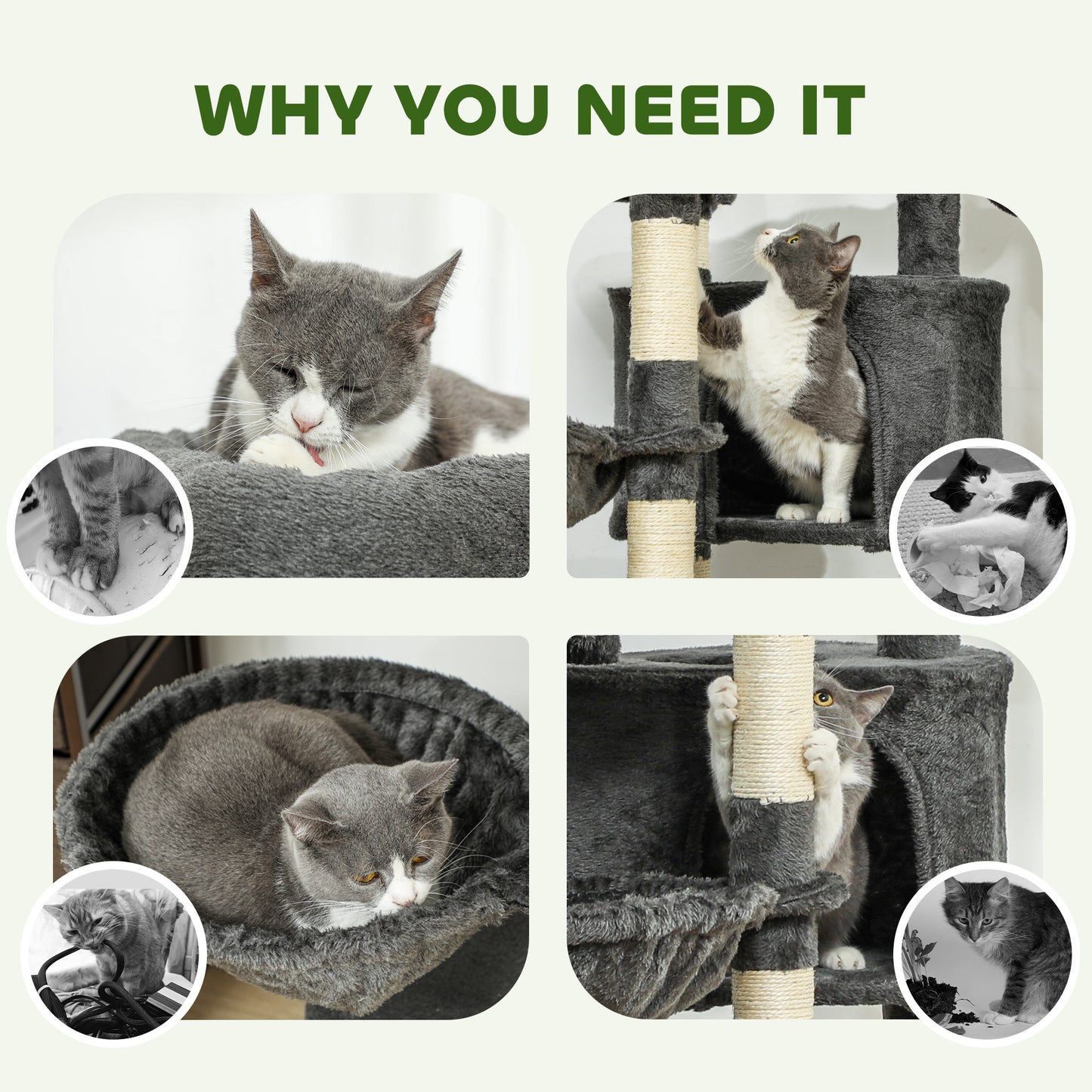 Arbre à chat avec griffoirs, lit, plateformes et hamacs, pour chats d'intérieur, gris foncé