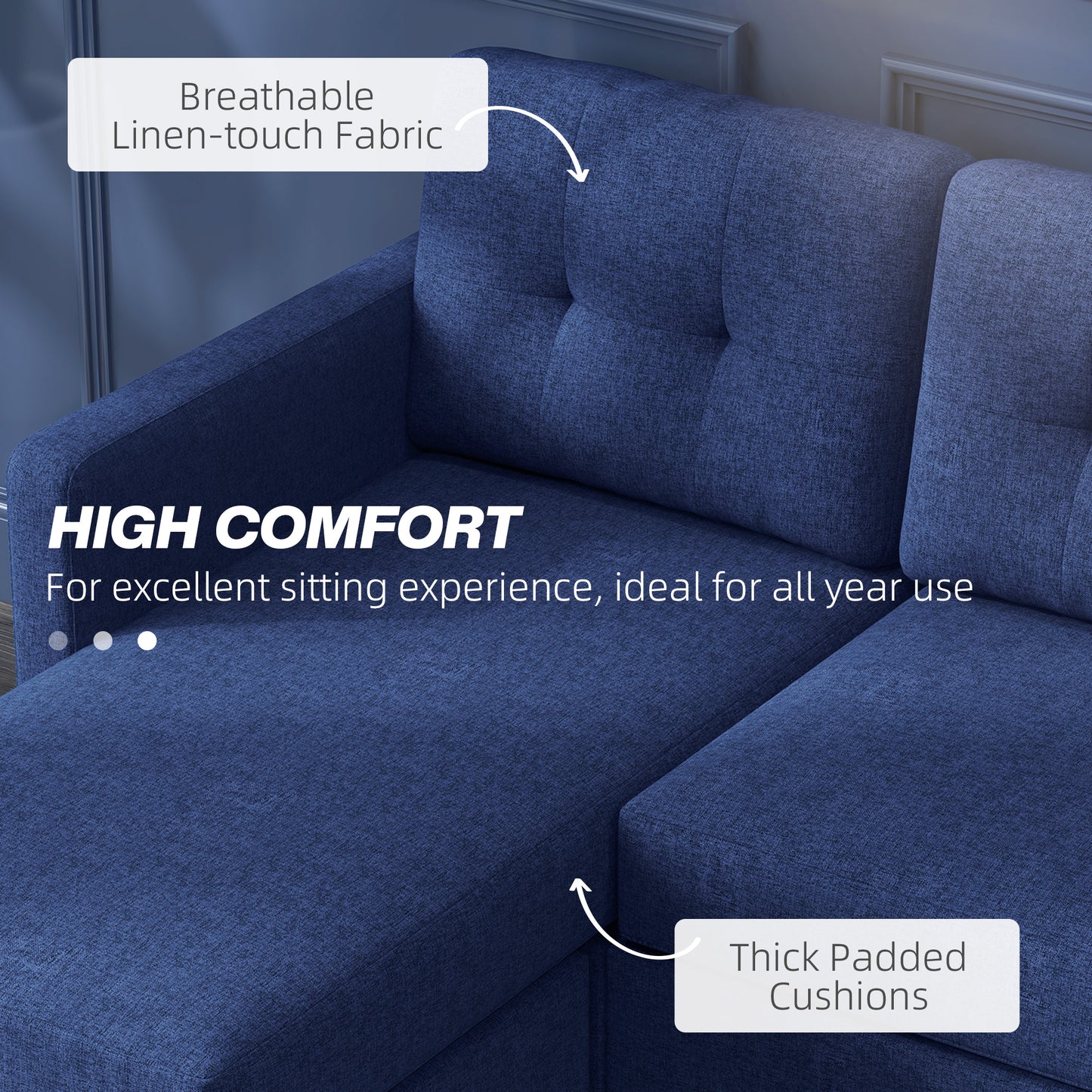 HOMCOM L-Shaped Corner Sofa, 3 Seater Sectional Sofa with Ottoman, Thick Cushion and Wooden Legs, Dark Blue
