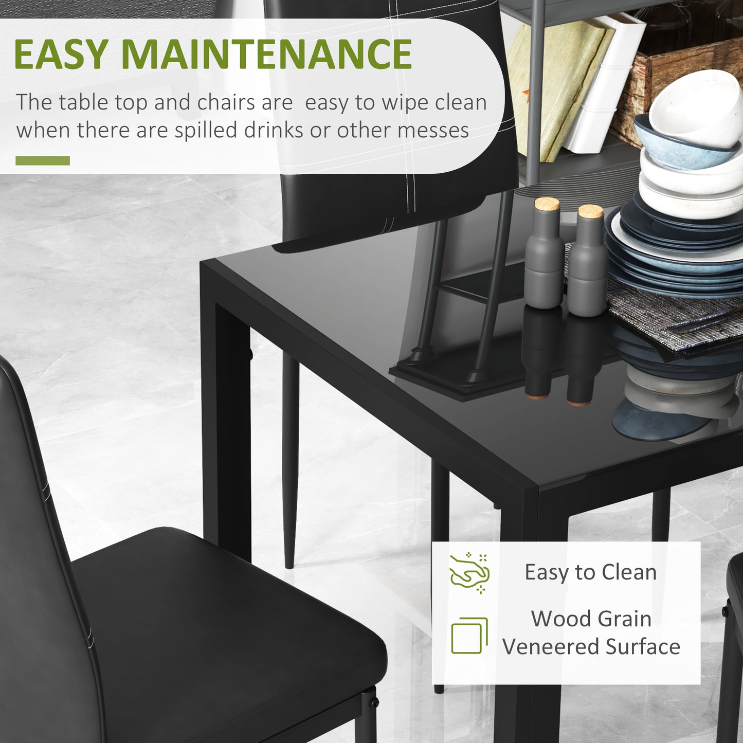 HOMCOM 5 Piece Rectangular Glass Kitchen Table and Chair Set with Metal Frame and Faux Leather Upholstery for Dining Room, Black