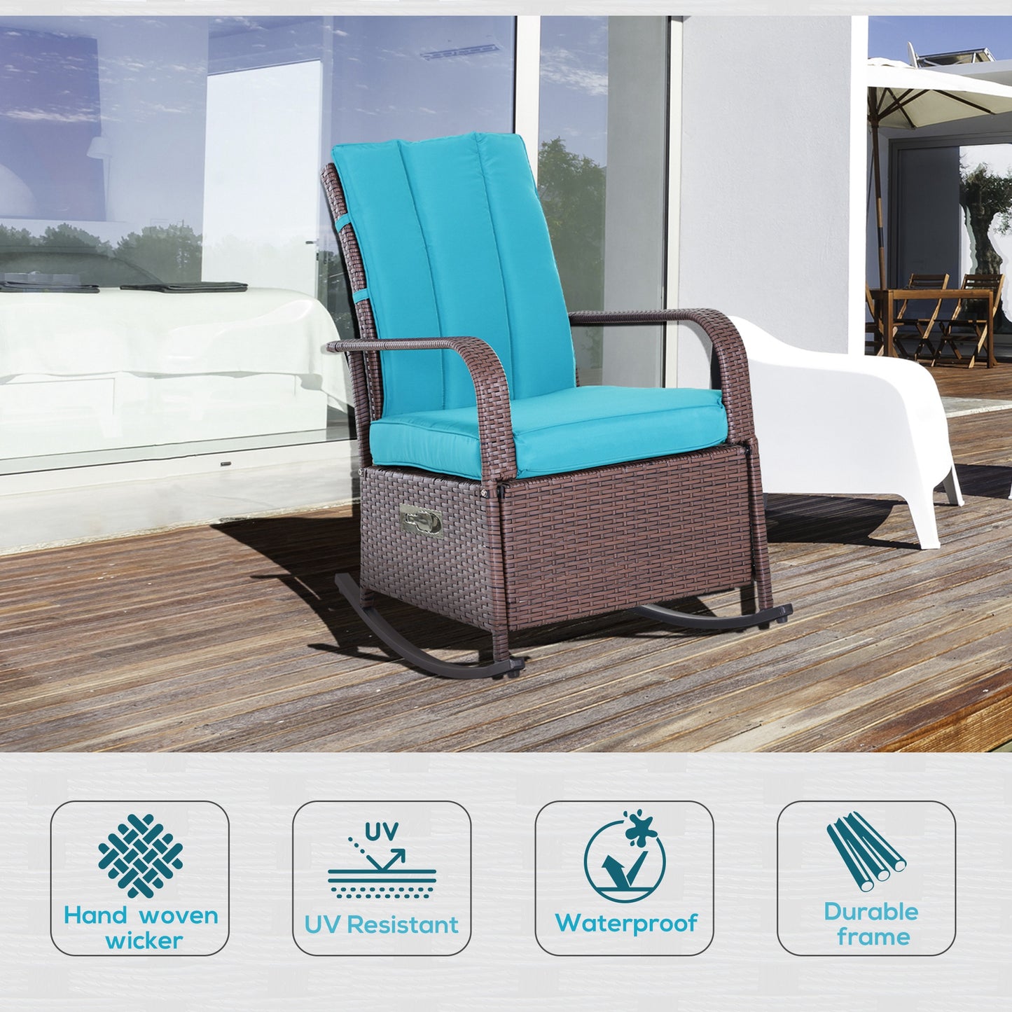 Fauteuil à bascule en rotin synthétique avec coussin, repose-pieds réglable et accoudoirs, turquoise