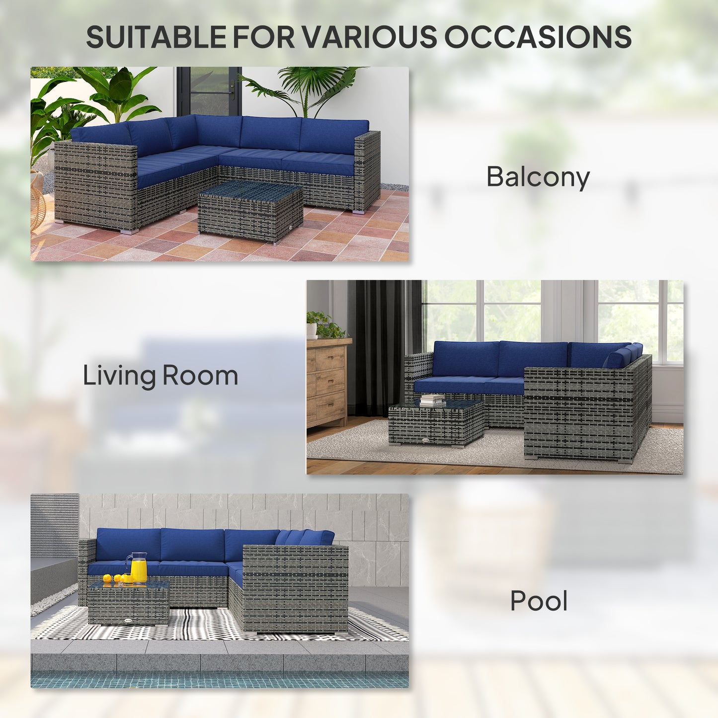 Outsunny 4 Piece Wicker Rattan Patio Furniture Set with Corner Sofa, Loveseats and Coffee Table Cushions, Navy Blue