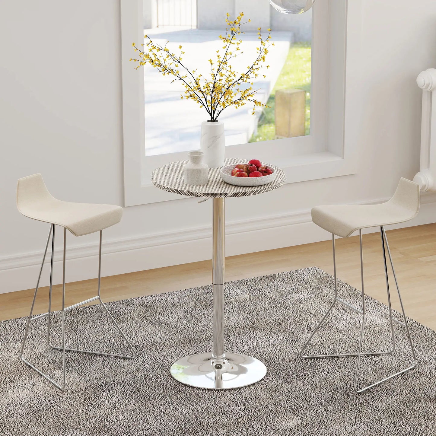 Table de bar réglable pour 2 personnes, ronde avec plateau en rotin synthétique et base en acier, gris