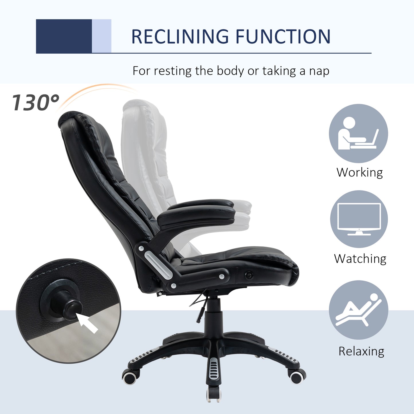 Fauteuil de bureau en cuir synthétique, inclinable, avec roulettes pivotantes, accoudoirs, hauteur réglable, dossier haut, noir