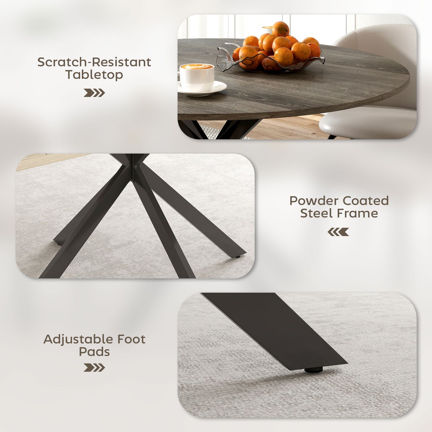 Table de cuisine ronde pour 4 personnes avec pieds en acier, grain de bois gris et noir