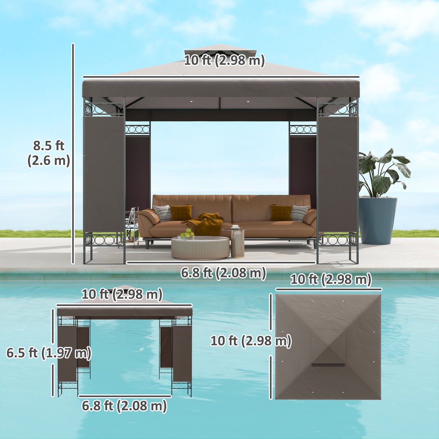 Outsunny 10 x 10 ft Gazebo, Double Roof Gazebo with Screen Panels and Metal Frame for Patio, Backyard, Khaki